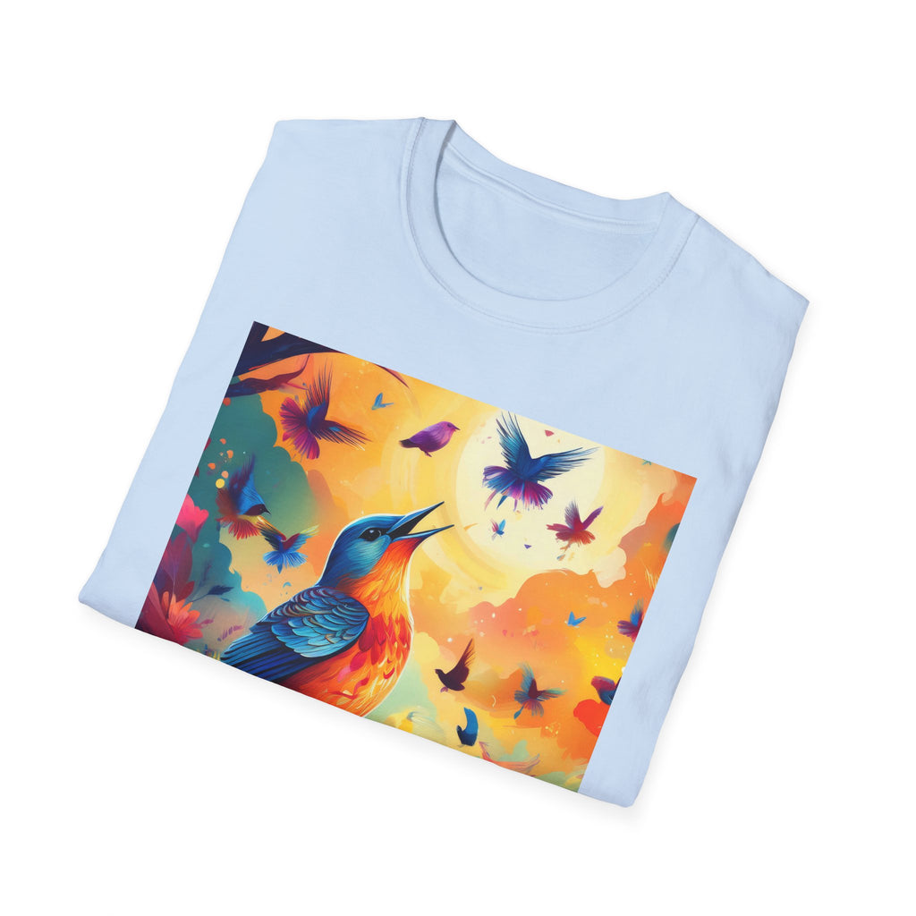 Birds at Dawn Graphic T-Shirt — Colorful Floral Songbird Tee