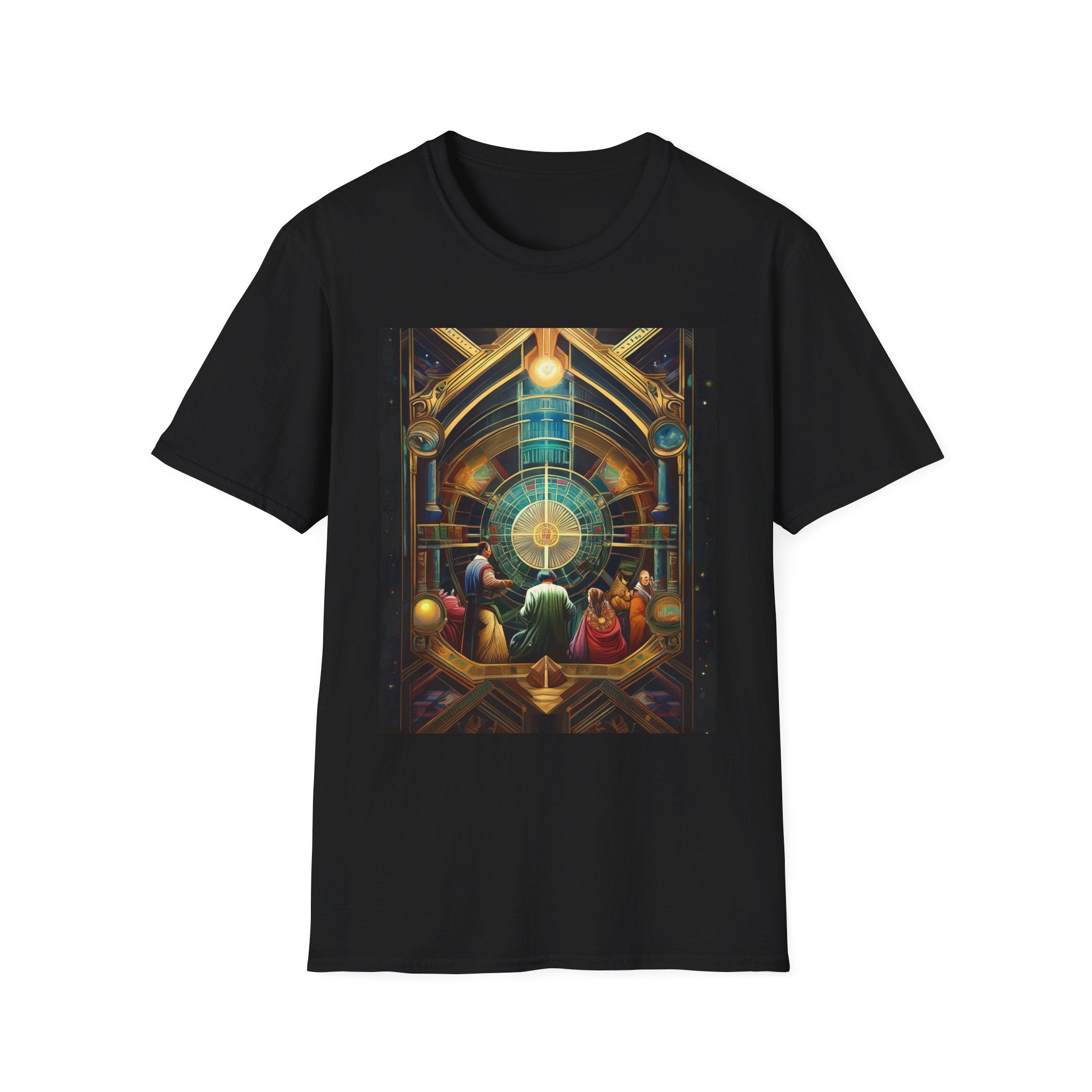 Mystic Observatory Art Tee — Cosmic Circle Gathering Graphic T-Shirt