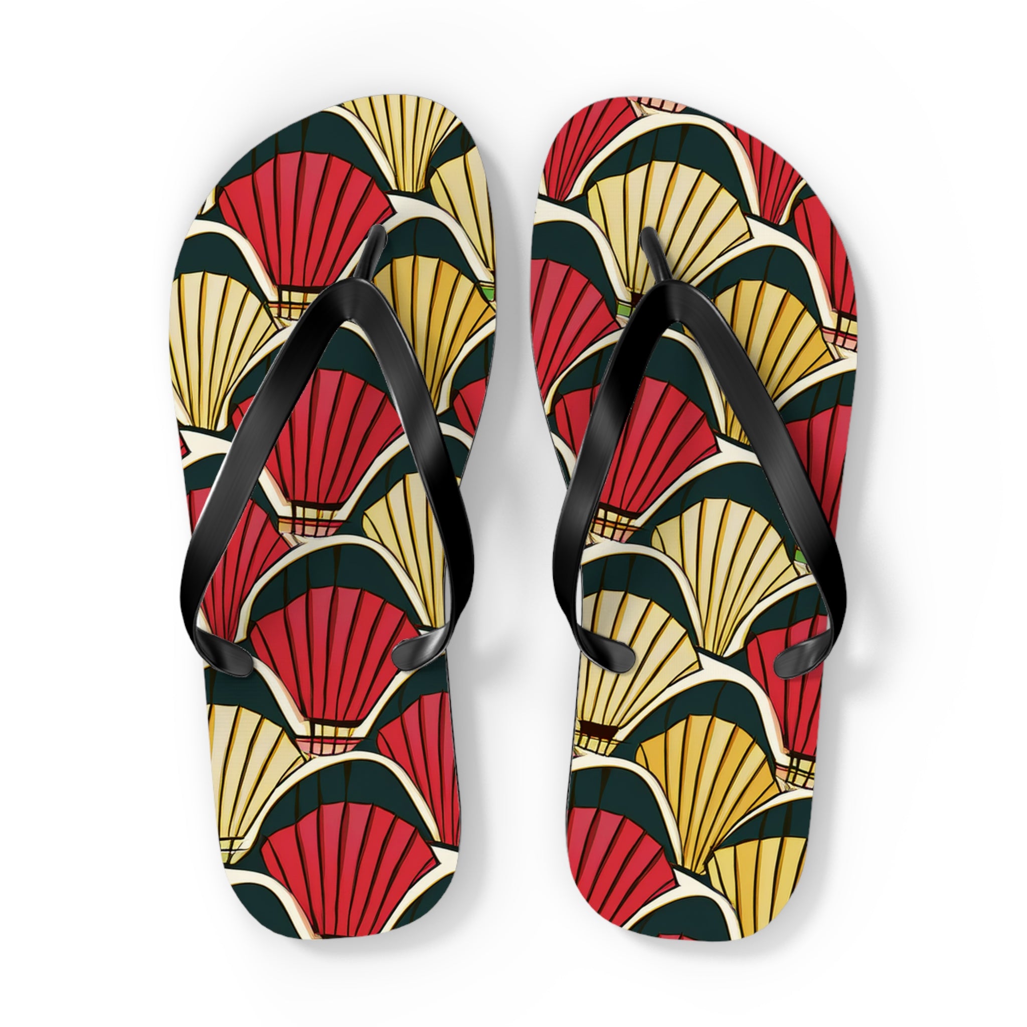 Art Deco Shell Pattern Flip Flops — Retro Red & Gold Beach Sandals