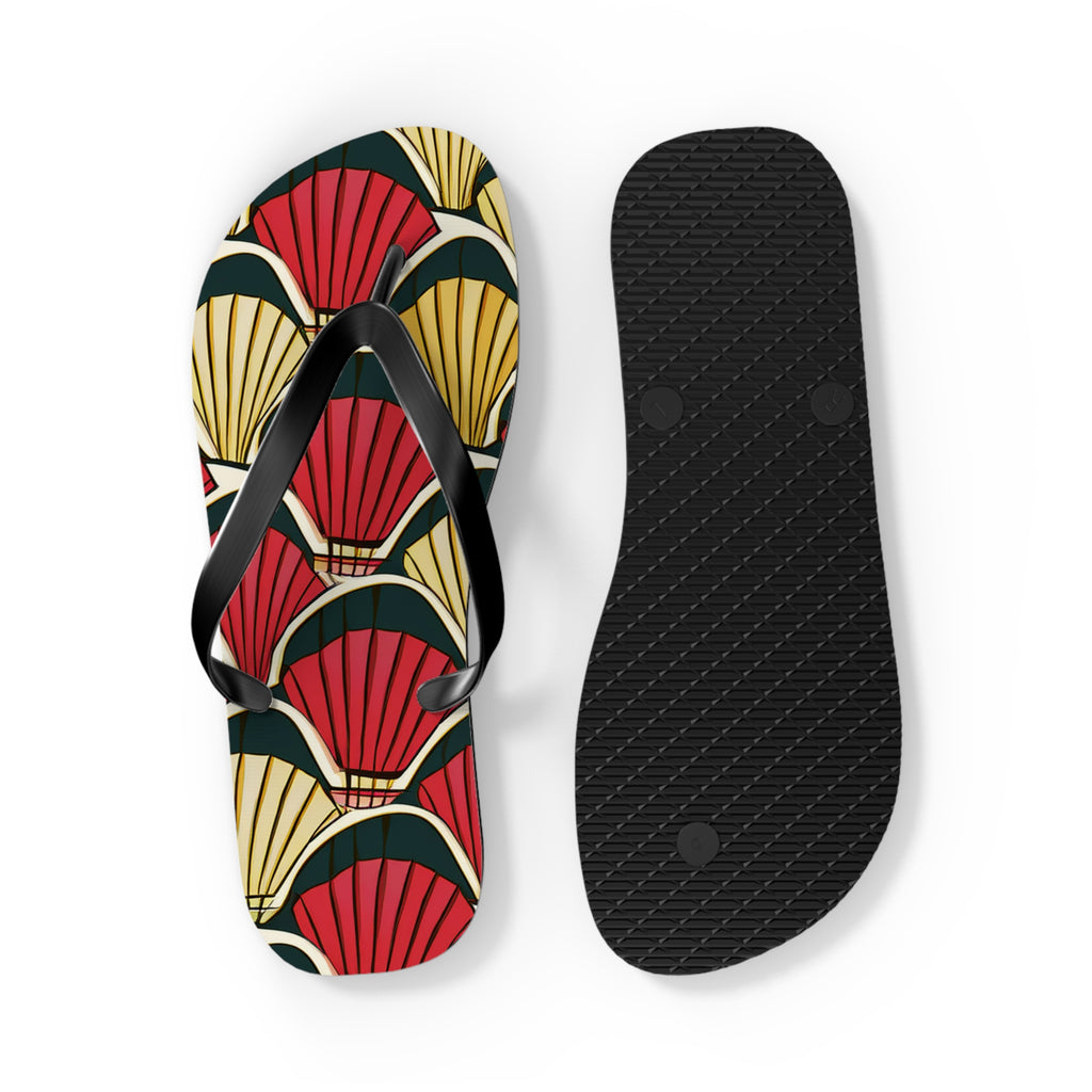 Art Deco Shell Pattern Flip Flops — Retro Red & Gold Beach Sandals