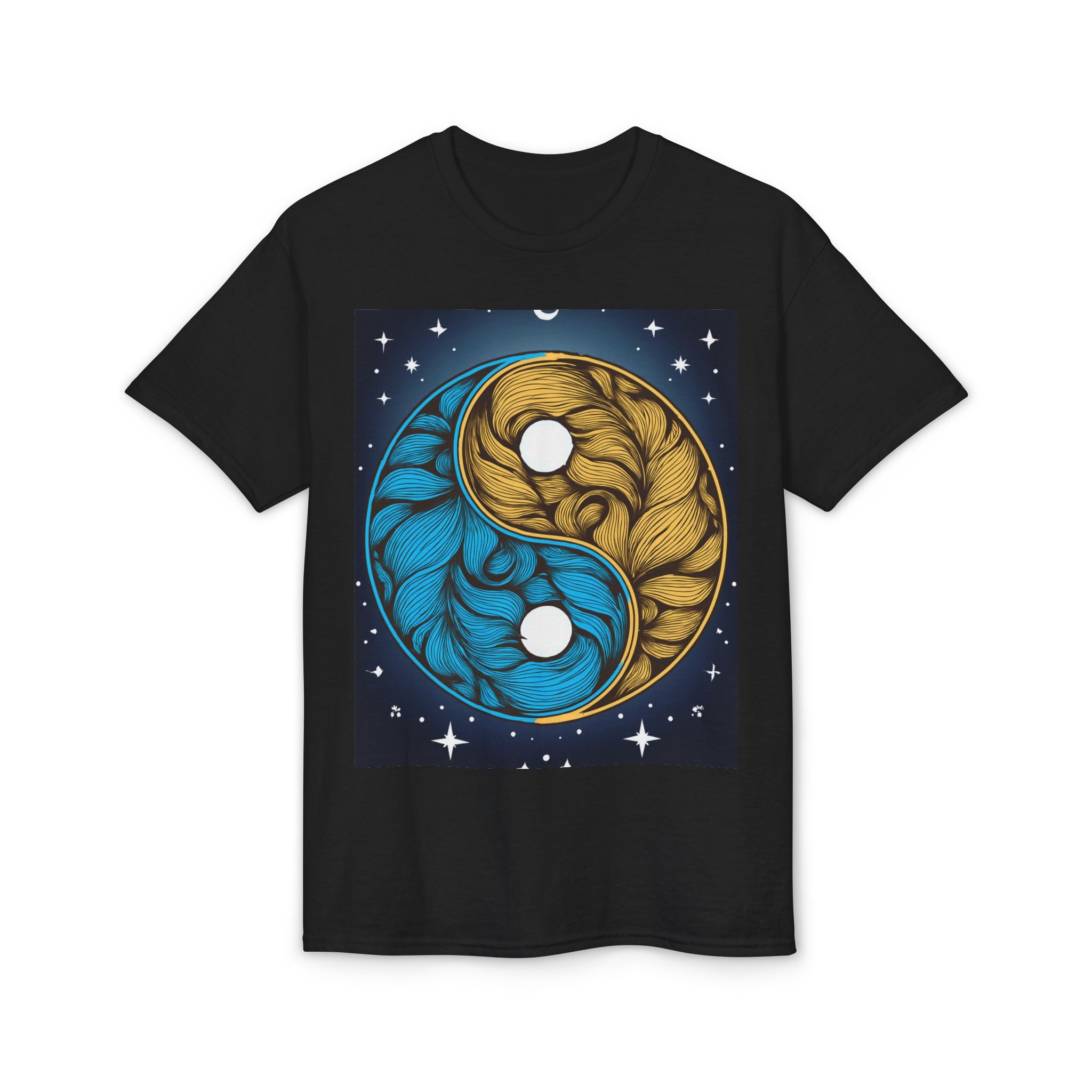Yin Yang Moon Feathers T-Shirt — Blue & Gold Celestial Balance Tee