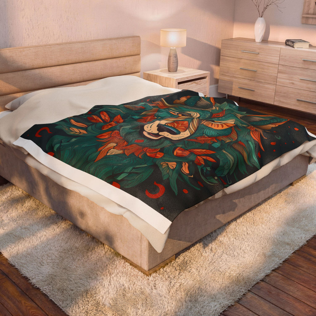 Mystic Floral Wolf Velveteen Plush Blanket — Cozy Boho Animal Throw for Living Room & Gifts