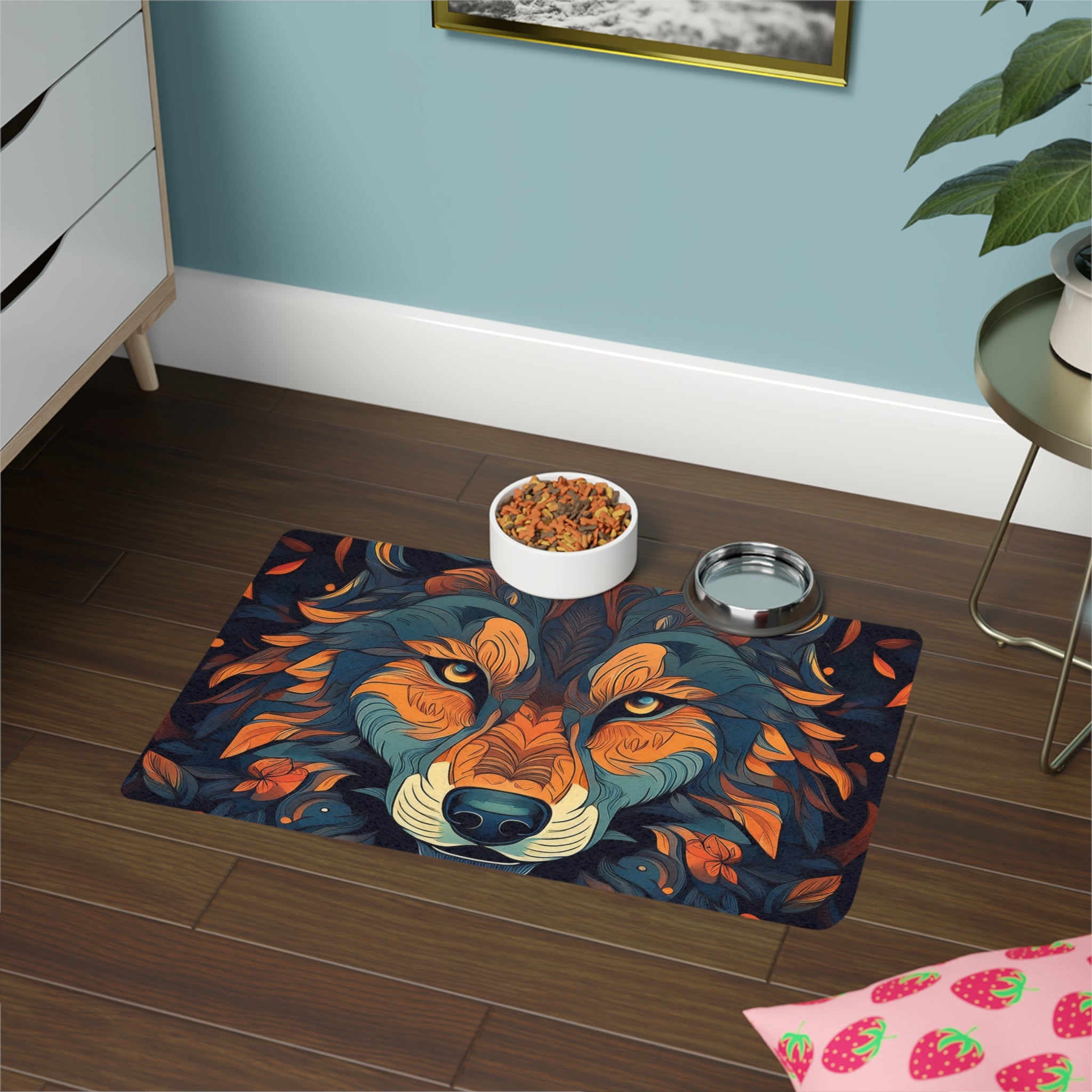 Wolf Art Pet Food Mat (12x18) — Colorful Tribal Wolf Placemat for Dog & Cat Bowls
