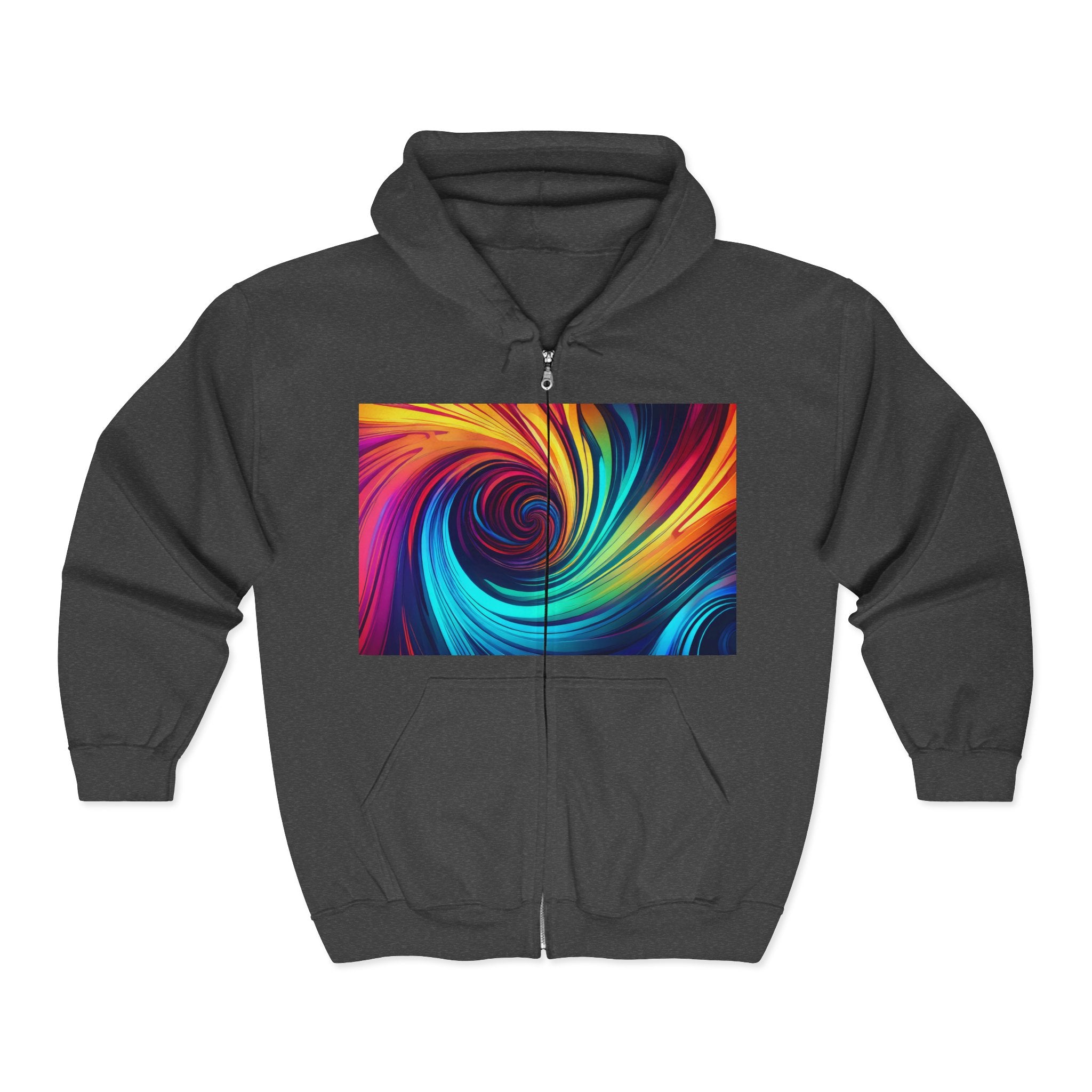 Swirl Prism Zip Hoodie — Vibrant Abstract Spiral Full-Zip Sweatshirt