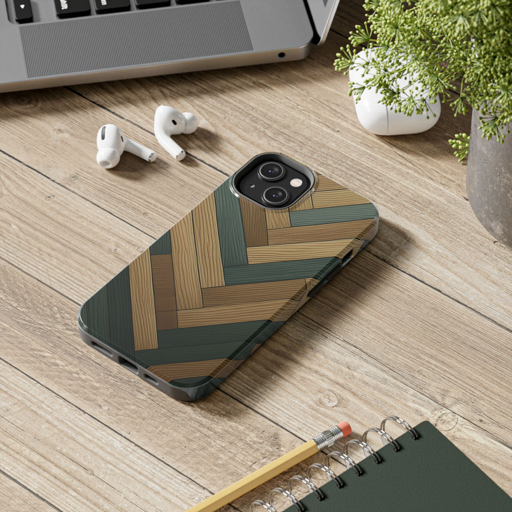 Wood Herringbone Tough Phone Case — Protective Matte Phone Cover with Natural Wood Pattern