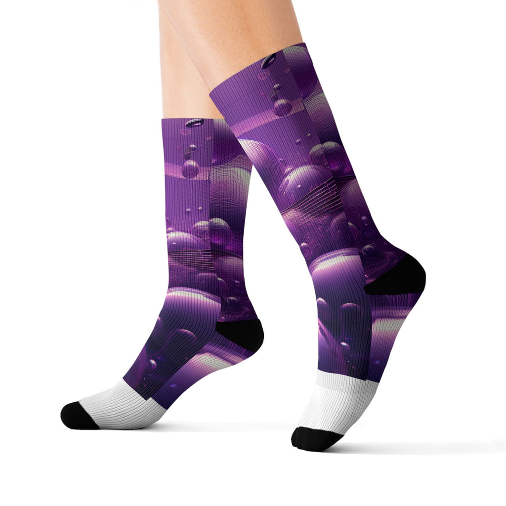 Purple Music Notes Sublimation Socks – Bubble Pattern Crew Socks for Musicians & Music Lovers