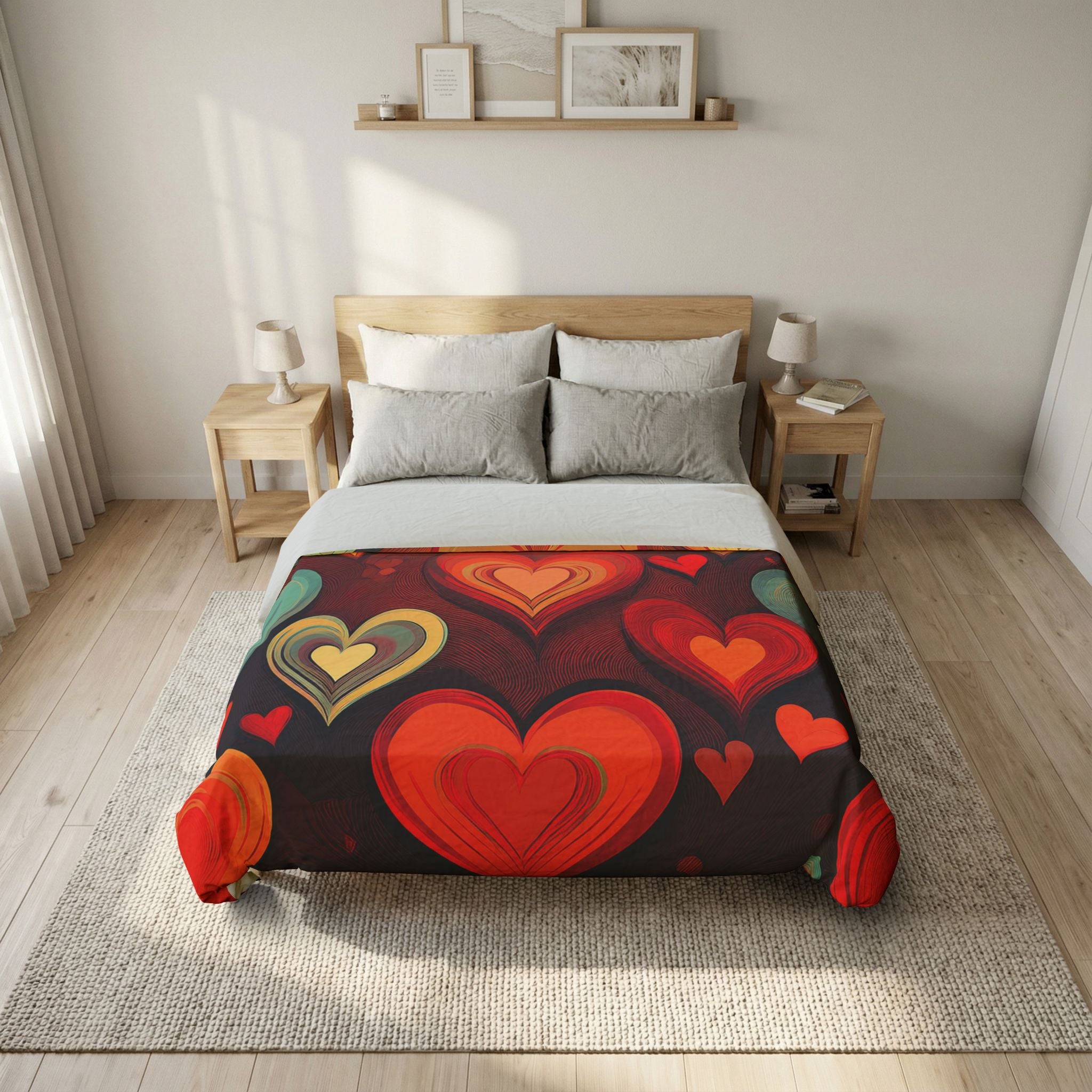 Heart Pattern Cotton Duvet Cover — Retro Red & Teal Love Design