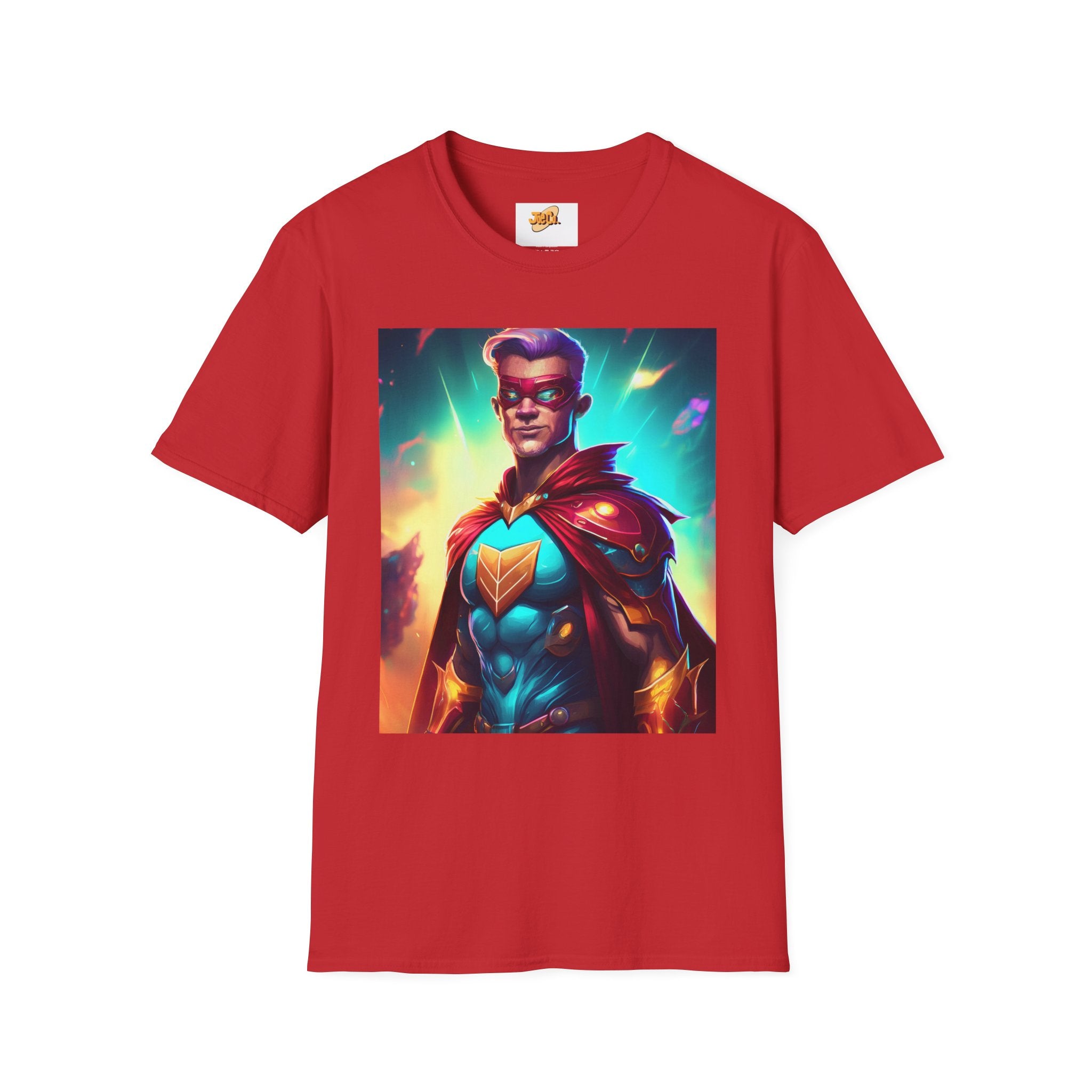Superhero Graphic T-Shirt — Retro Neon Captain Chest Emblem