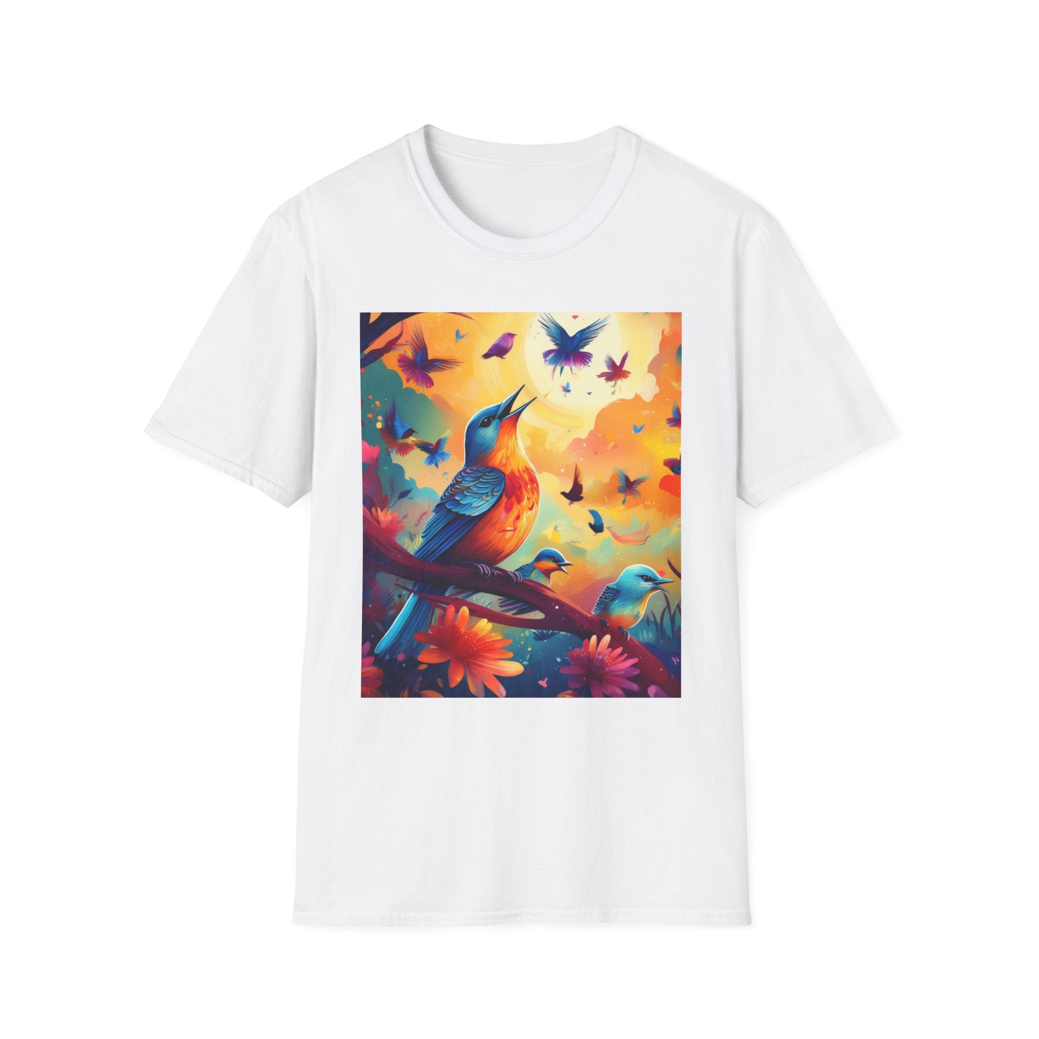 Birds at Dawn Graphic T-Shirt — Colorful Floral Songbird Tee