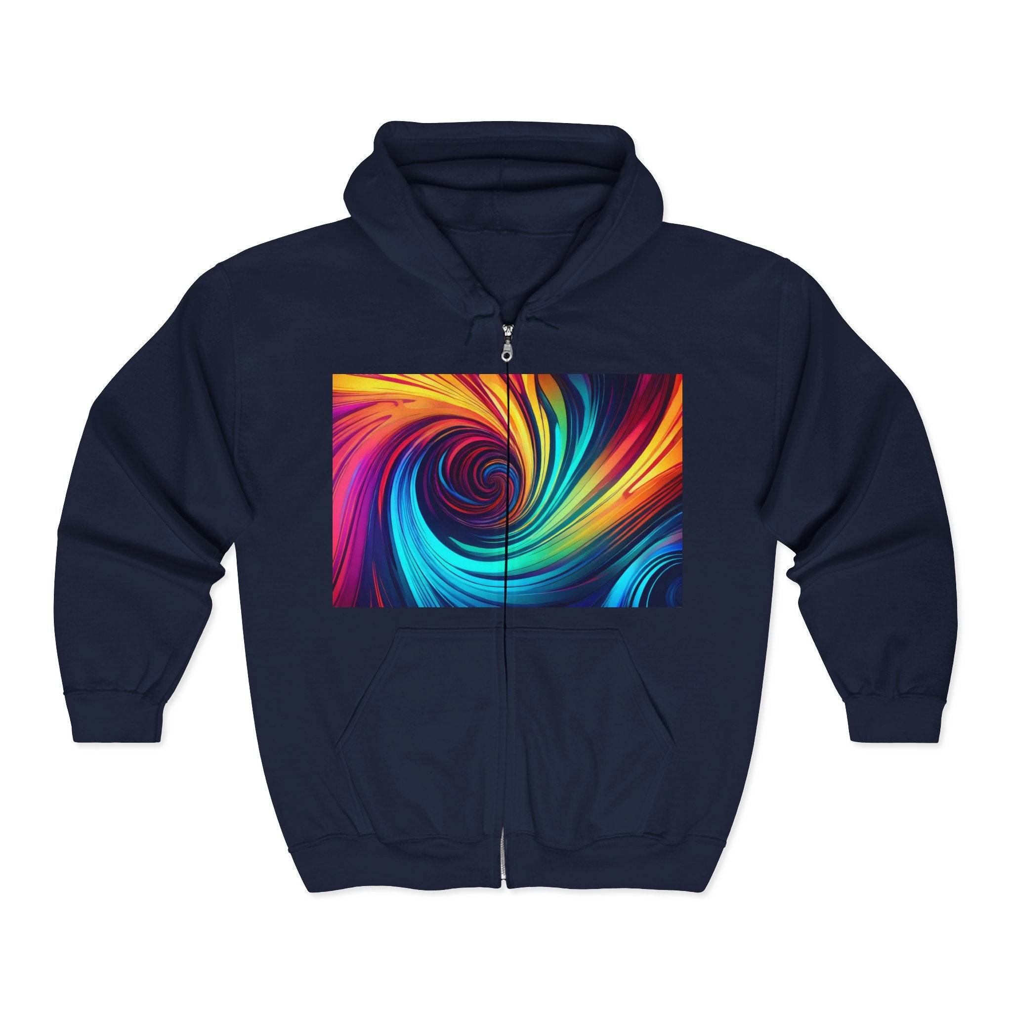 Swirl Prism Zip Hoodie — Vibrant Abstract Spiral Full-Zip Sweatshirt