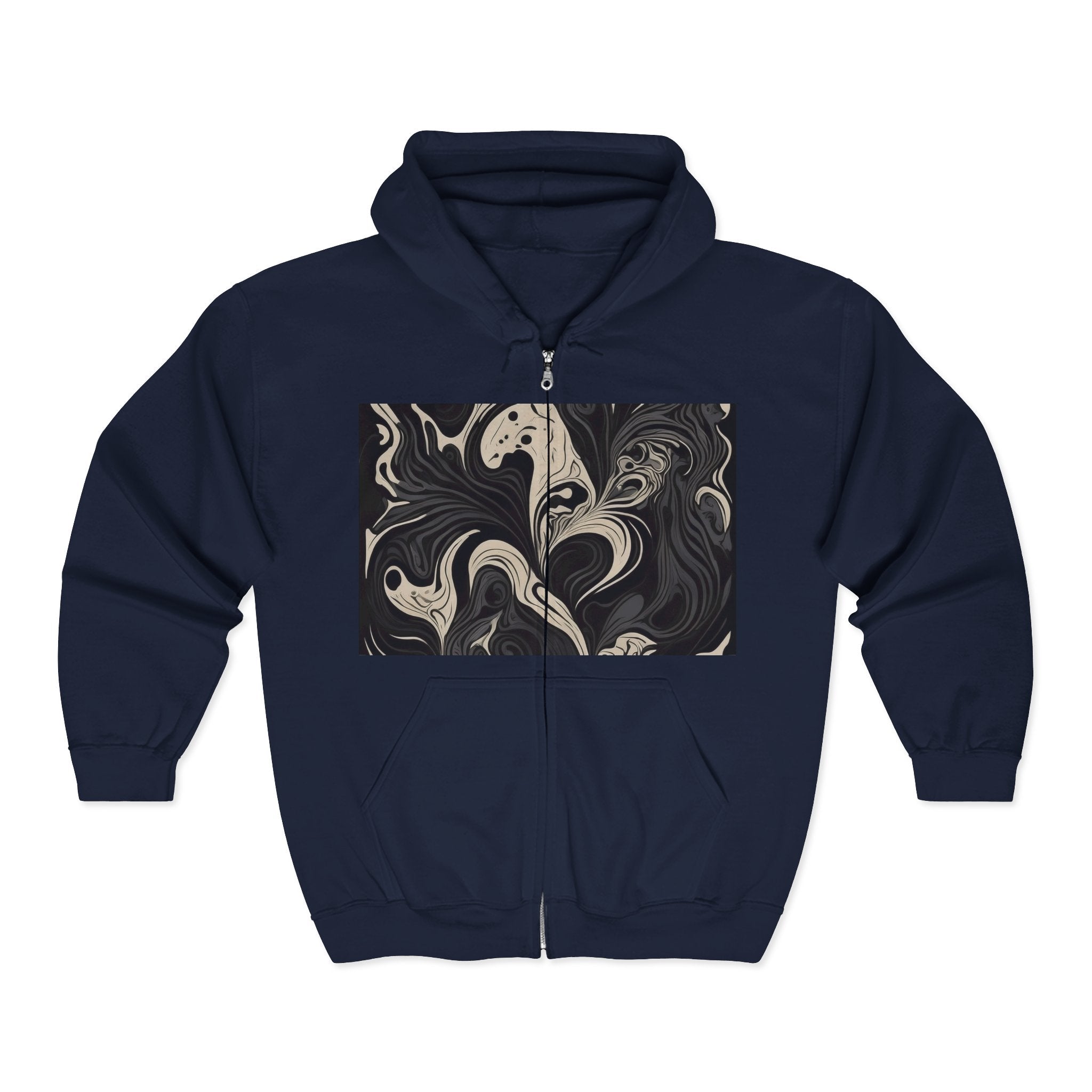 Abstract Marble Zip Hoodie — Black Swirl Art Full-Zip Sweatshirt