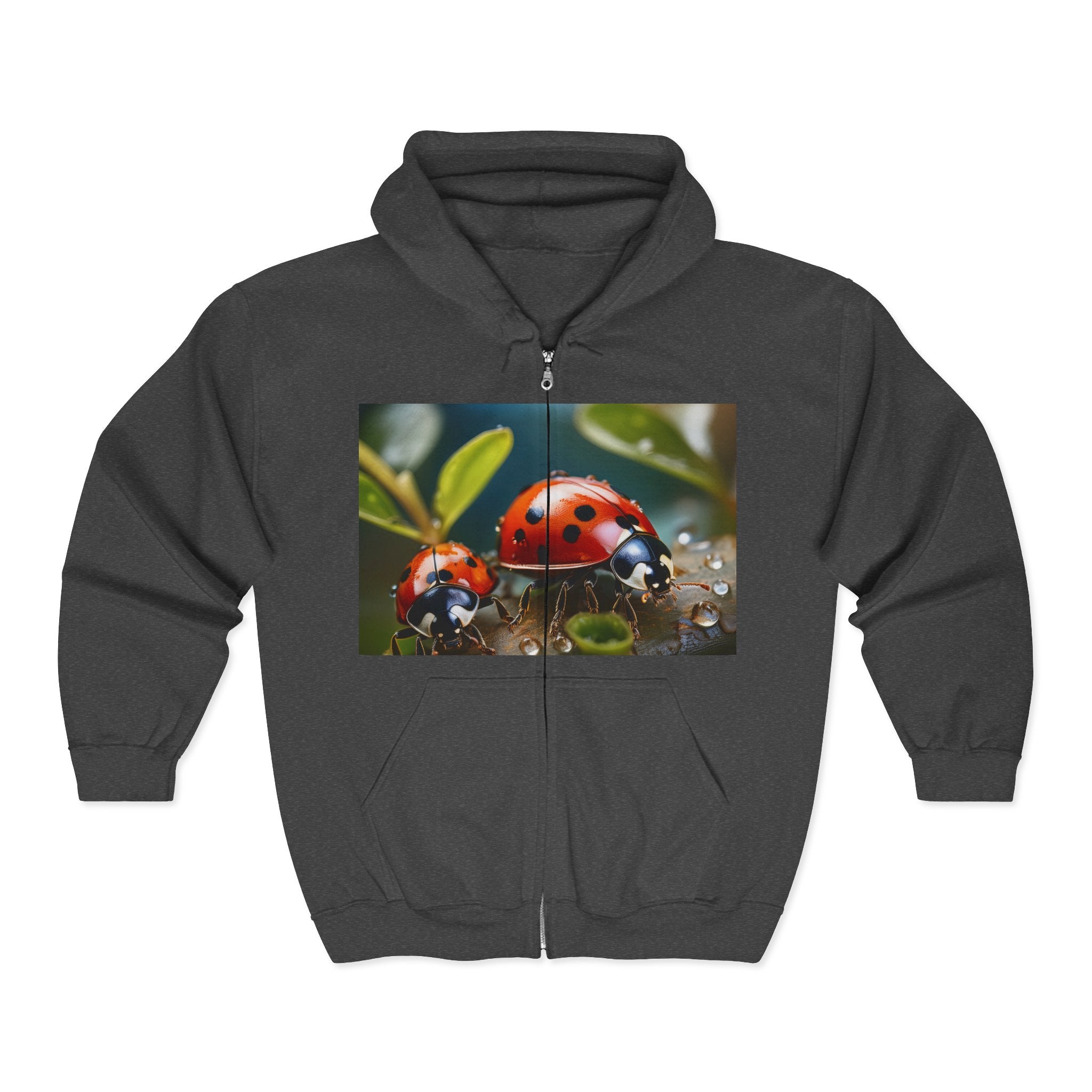 Ladybug Nature Zip Hoodie – Cute Red Ladybugs on Dewy Leaf