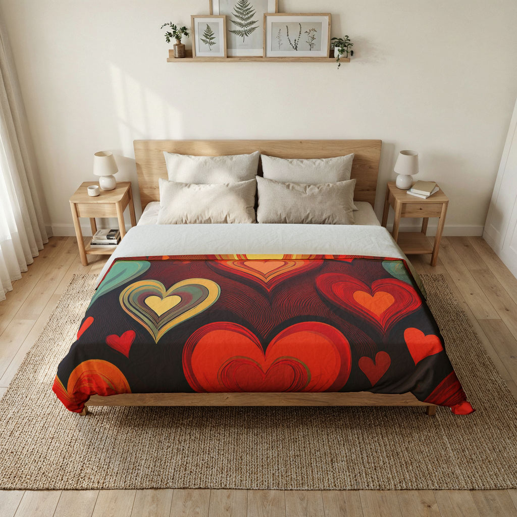 Heart Pattern Cotton Duvet Cover — Retro Red & Teal Love Design