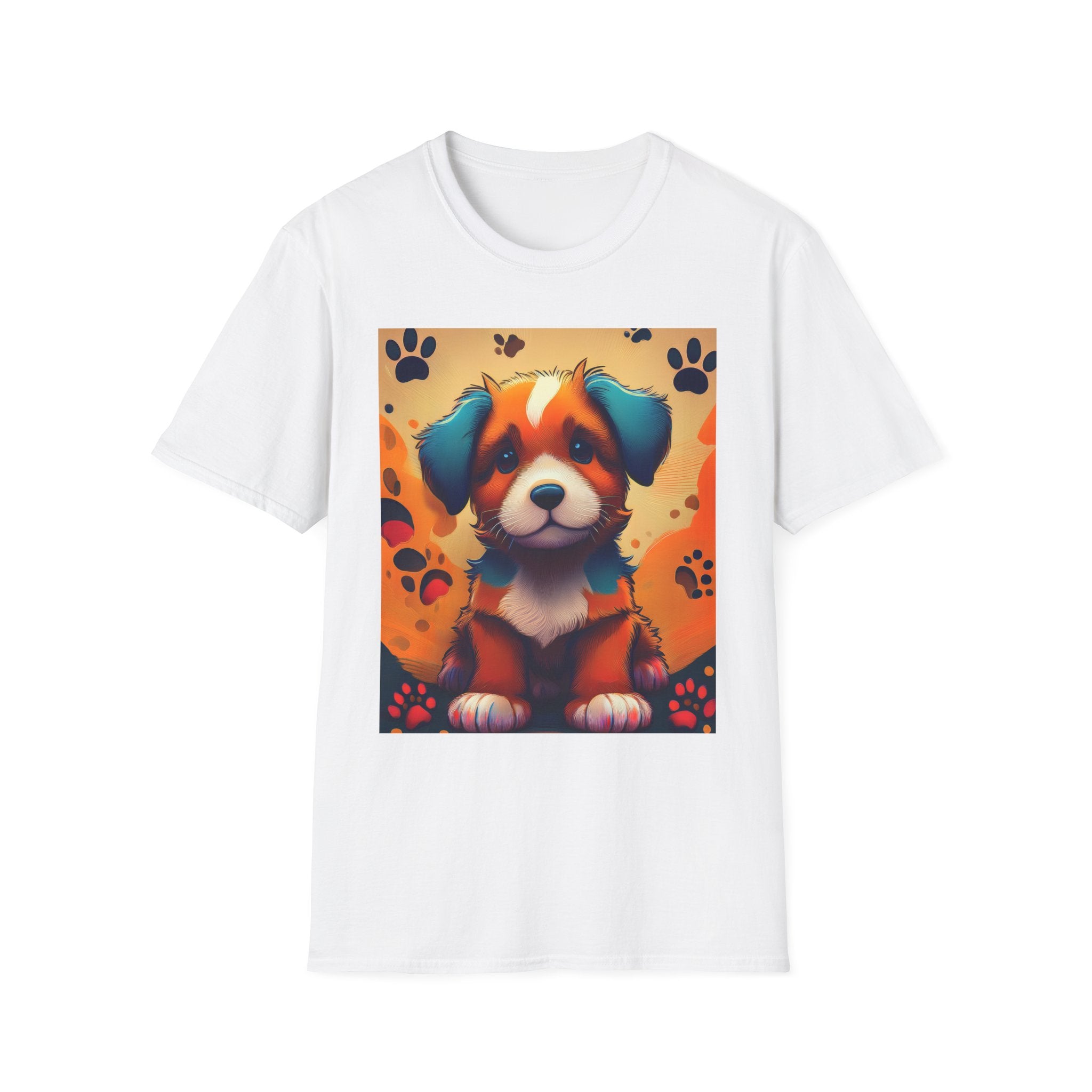 Cute Puppy Portrait T-Shirt — Colorful Paw Print Dog Graphic Tee