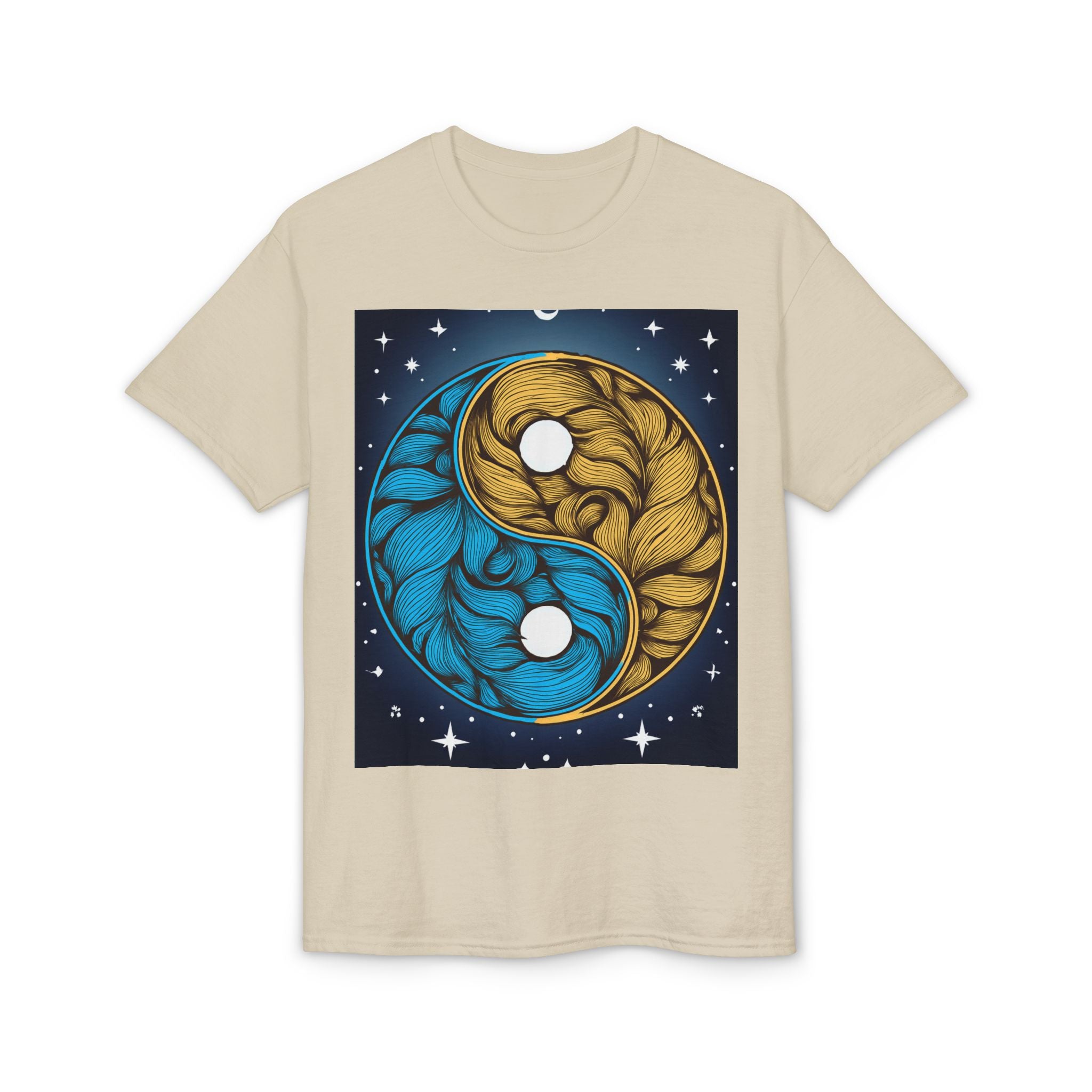 Yin Yang Moon Feathers T-Shirt — Blue & Gold Celestial Balance Tee