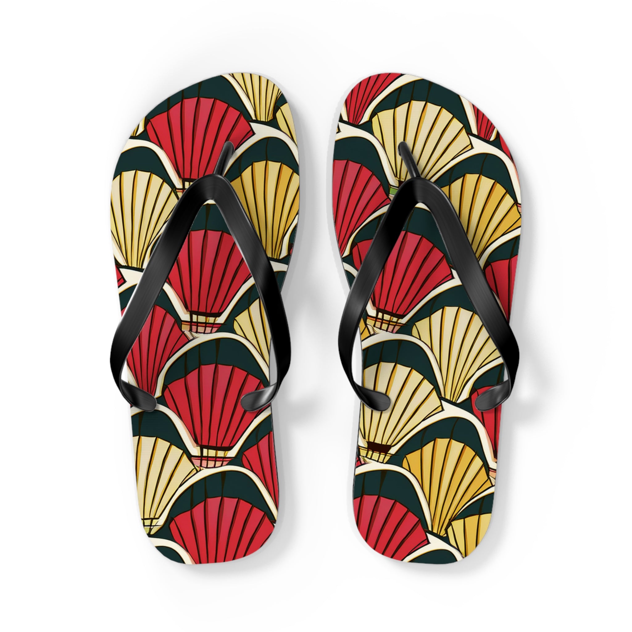 Art Deco Shell Pattern Flip Flops — Retro Red & Gold Beach Sandals