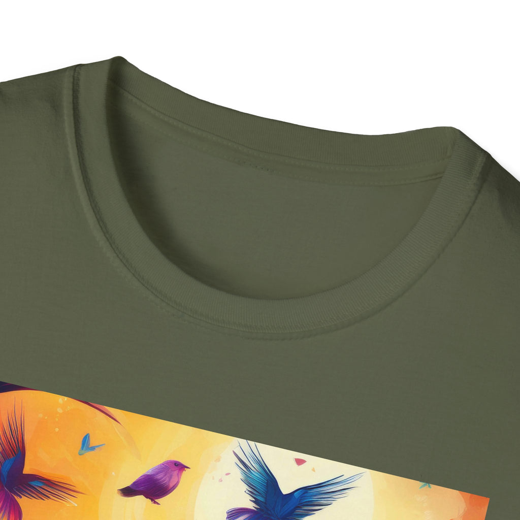 Birds at Dawn Graphic T-Shirt — Colorful Floral Songbird Tee