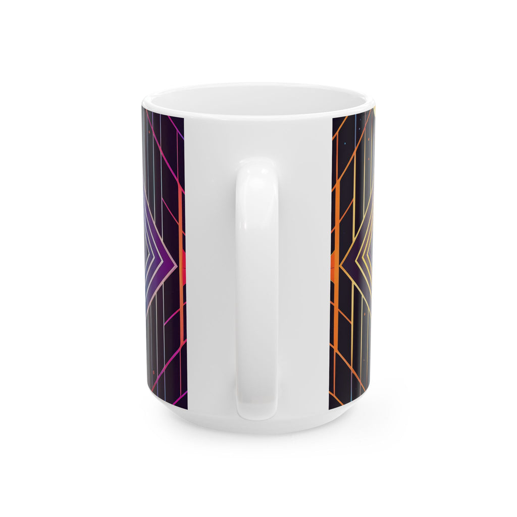 Retro Futurism Space Mug — Neon Geometric Planet Ceramic Coffee Cup (11oz/15oz)