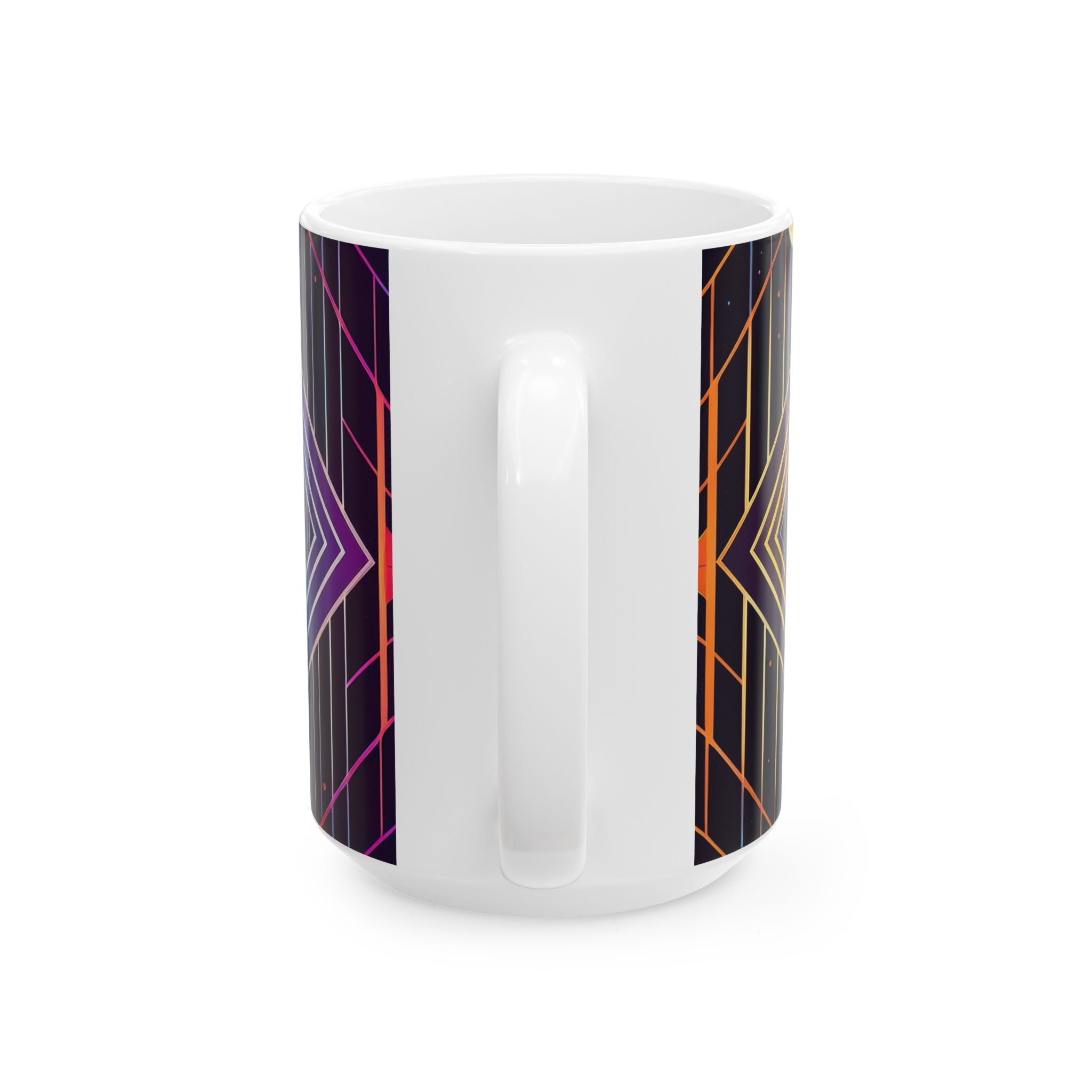 Retro Futurism Space Mug — Neon Geometric Planet Ceramic Coffee Cup (11oz/15oz)