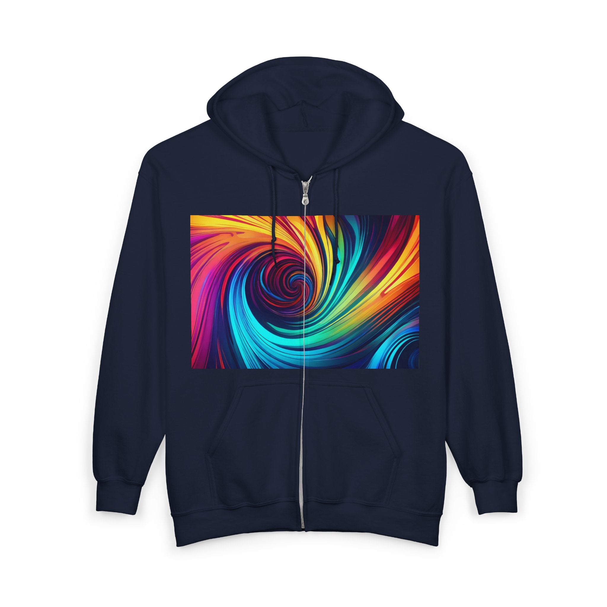 Swirl Prism Zip Hoodie — Vibrant Abstract Spiral Full-Zip Sweatshirt