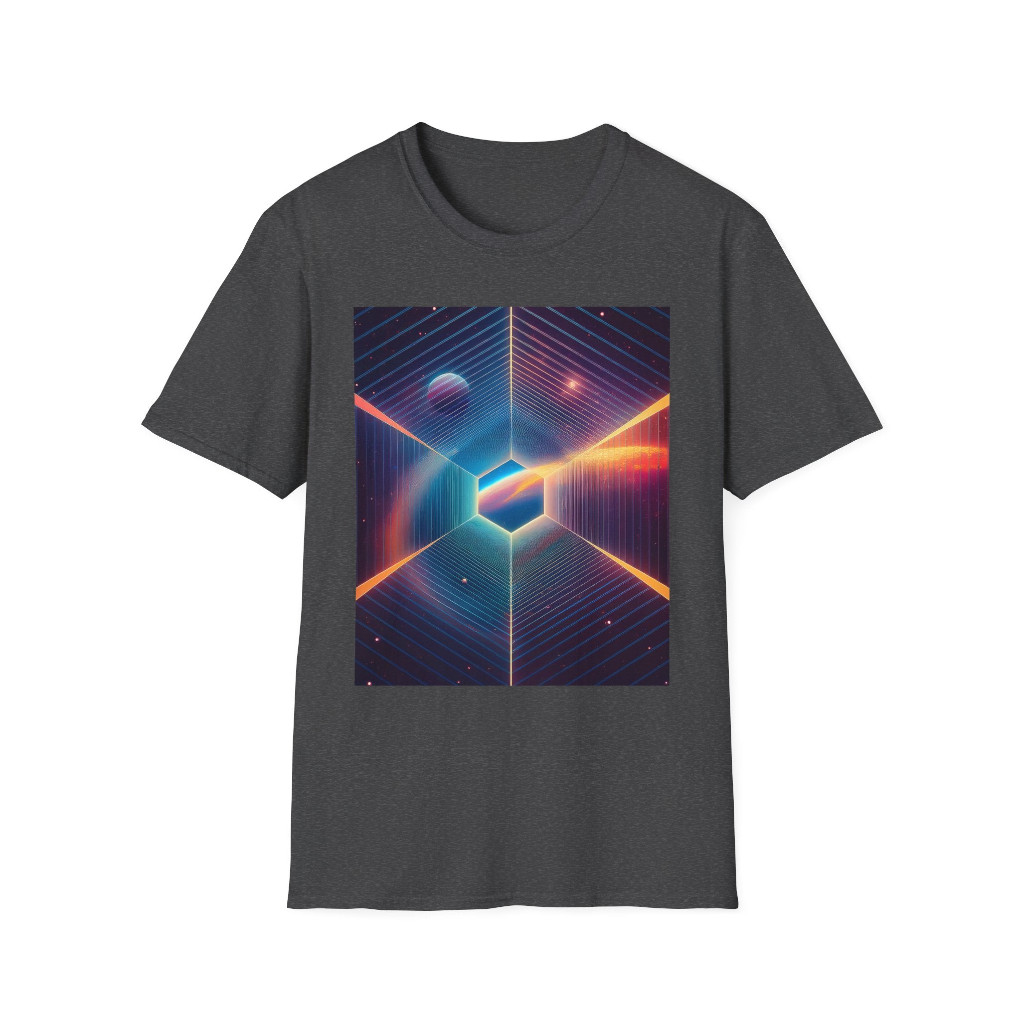 Retro Futuristic Space Tee — Neon Geometric Galaxy T-Shirt