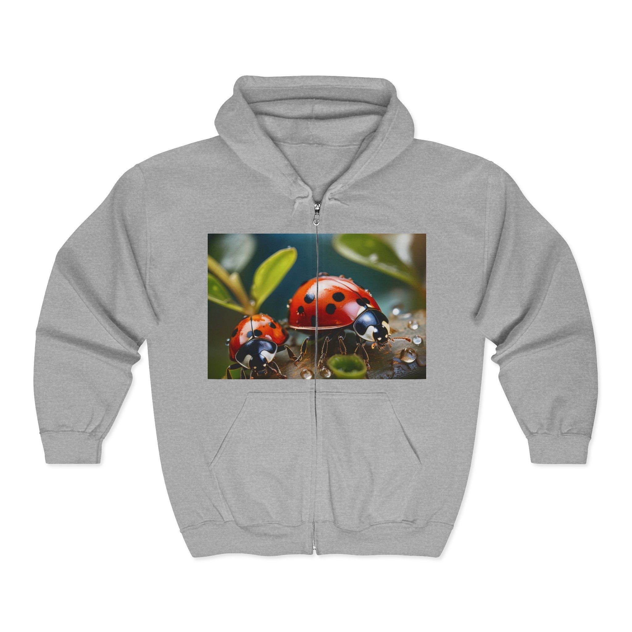 Ladybug Nature Zip Hoodie – Cute Red Ladybugs on Dewy Leaf
