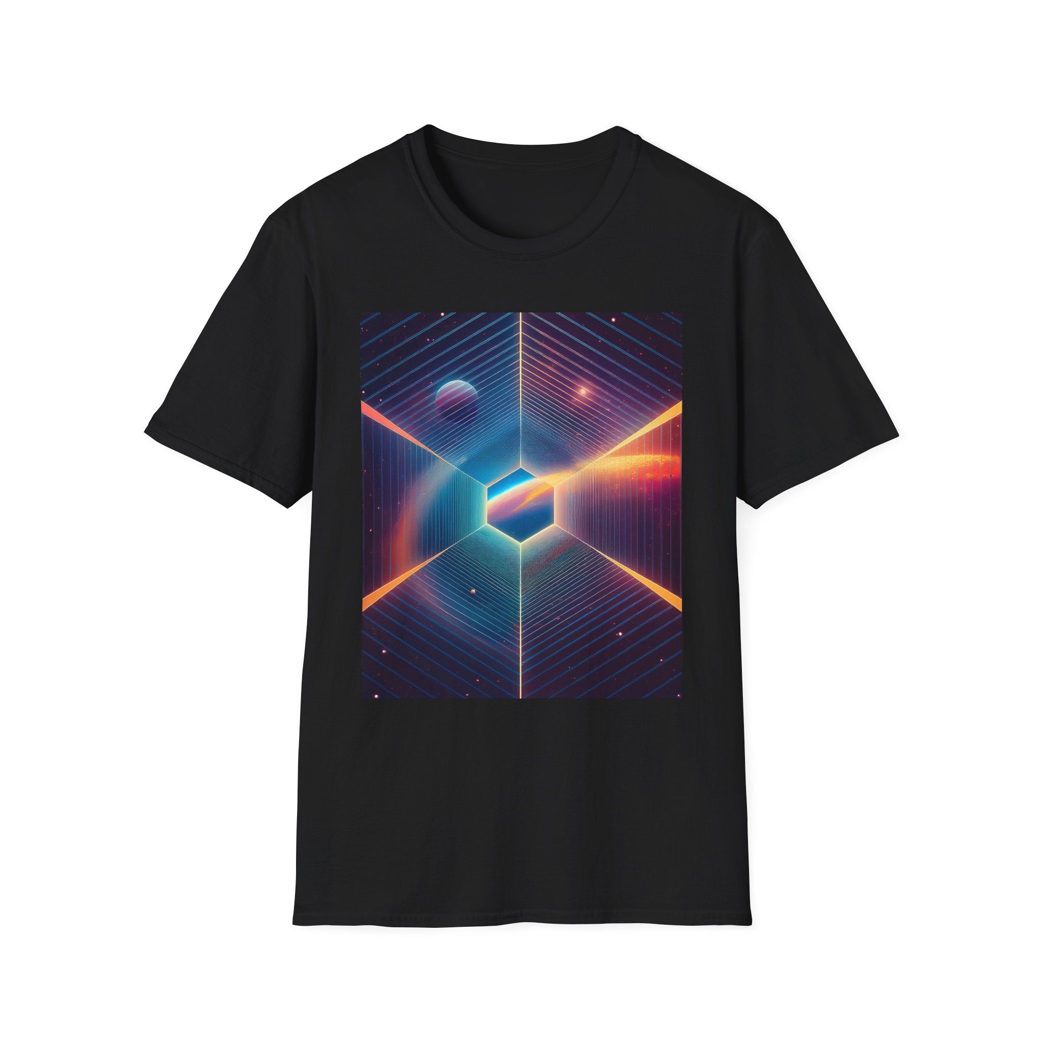 Retro Futuristic Space Tee — Neon Geometric Galaxy T-Shirt