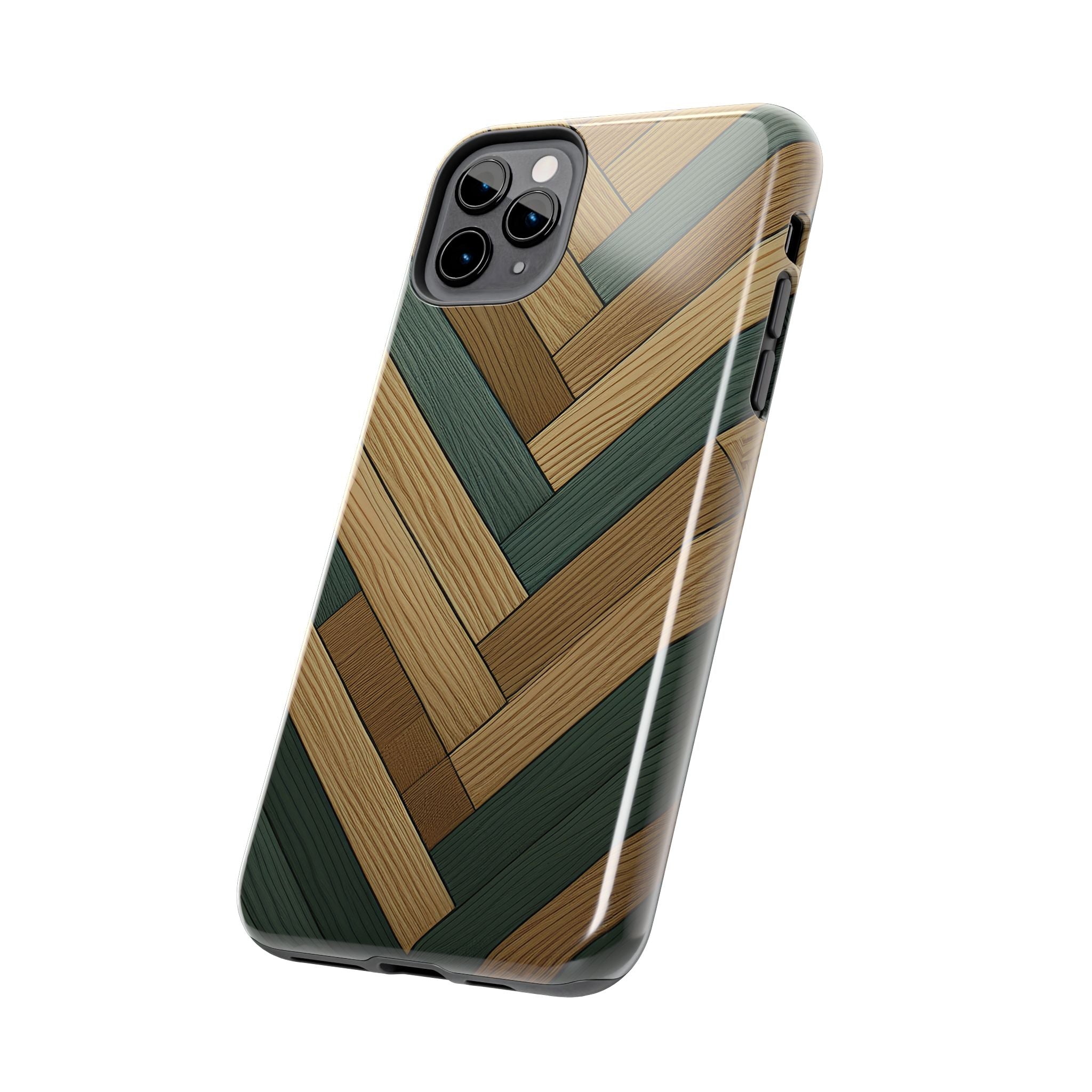 Wood Herringbone Tough Phone Case — Protective Matte Phone Cover with Natural Wood Pattern