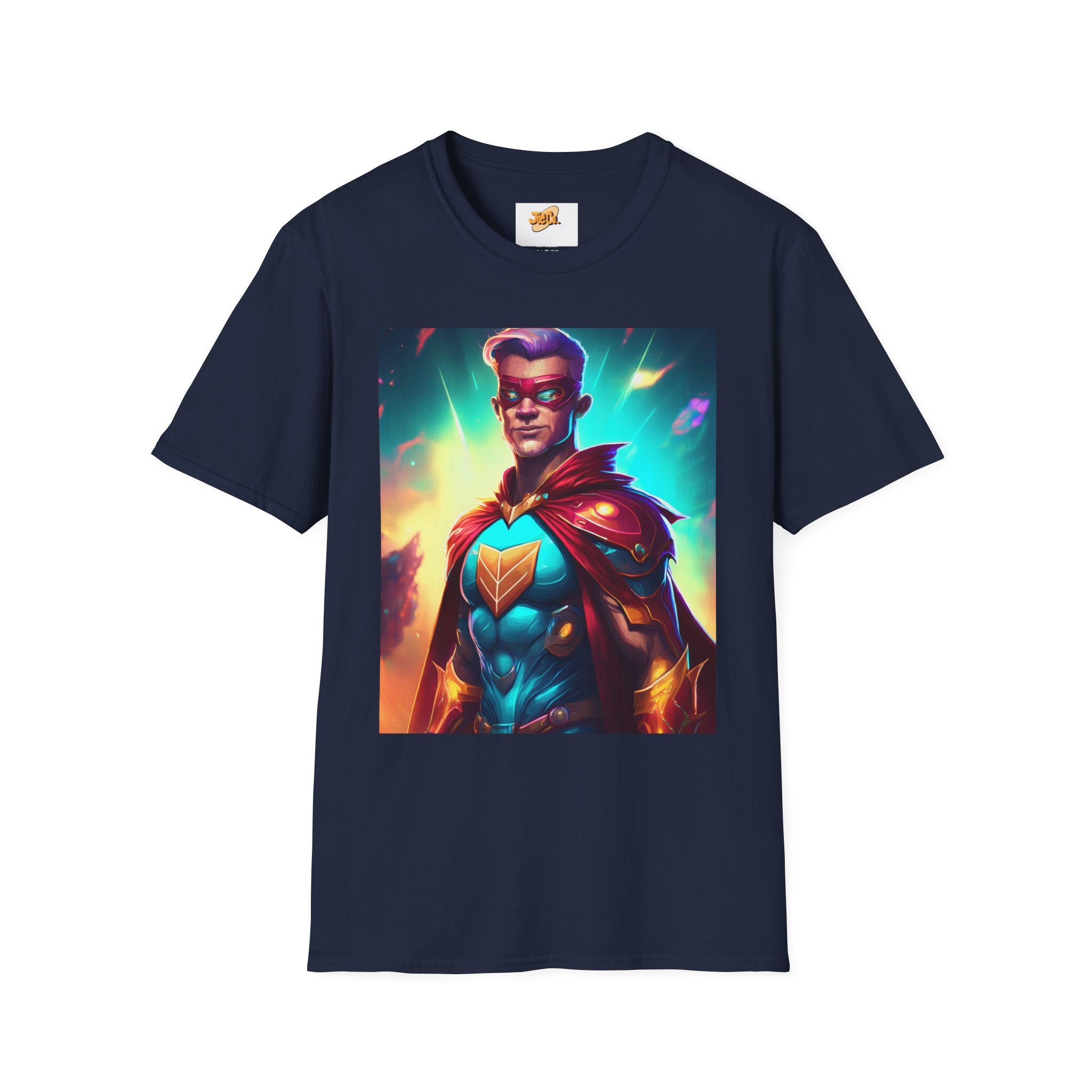 Superhero Graphic T-Shirt — Retro Neon Captain Chest Emblem