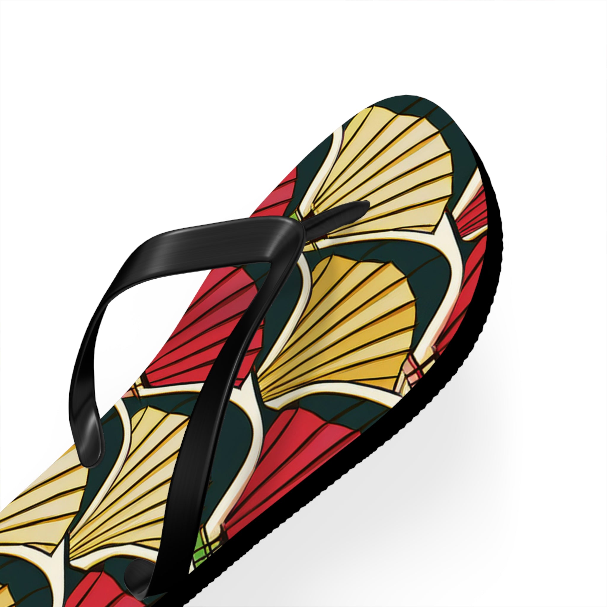 Art Deco Shell Pattern Flip Flops — Retro Red & Gold Beach Sandals