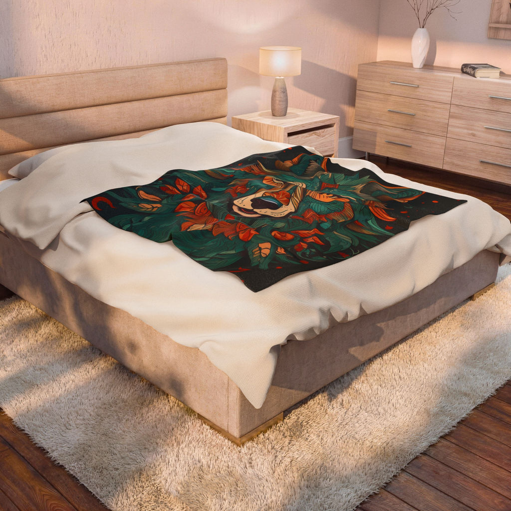Mystic Floral Wolf Velveteen Plush Blanket — Cozy Boho Animal Throw for Living Room & Gifts