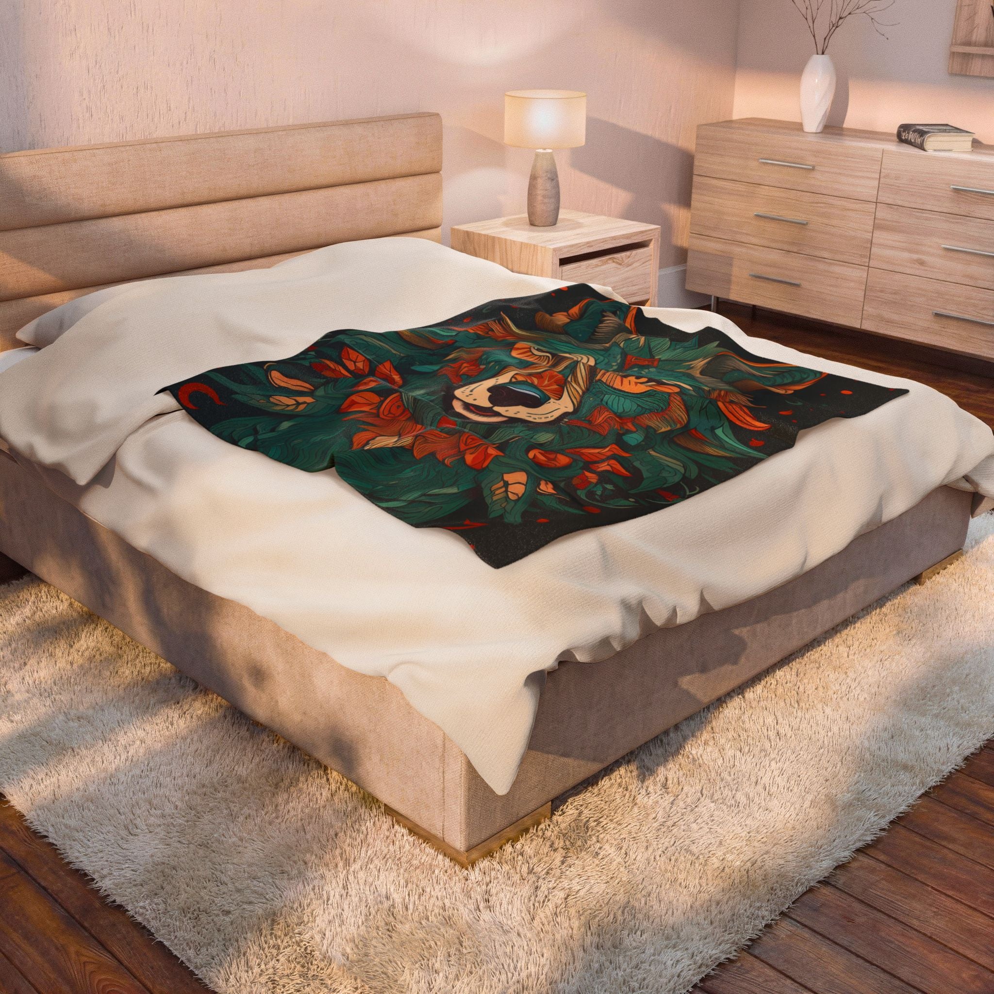 Mystic Floral Wolf Velveteen Plush Blanket — Cozy Boho Animal Throw for Living Room & Gifts