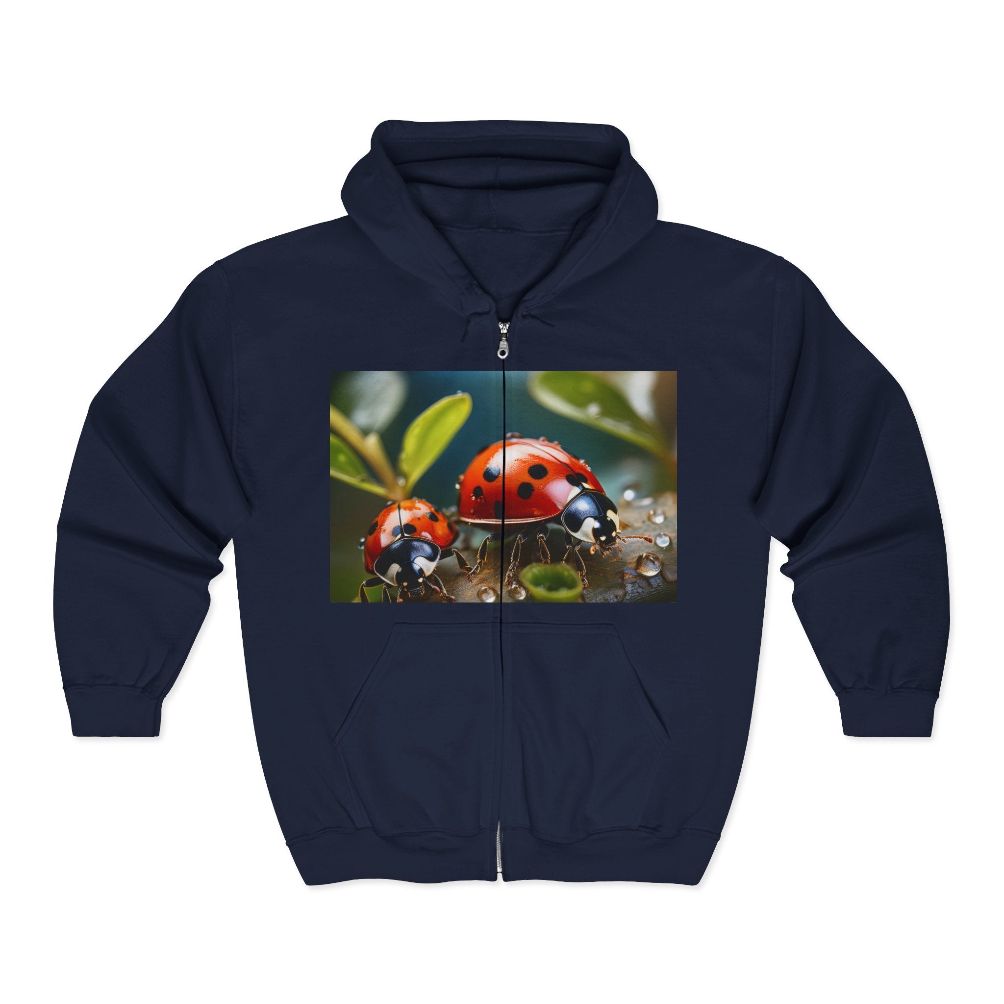 Ladybug Nature Zip Hoodie – Cute Red Ladybugs on Dewy Leaf