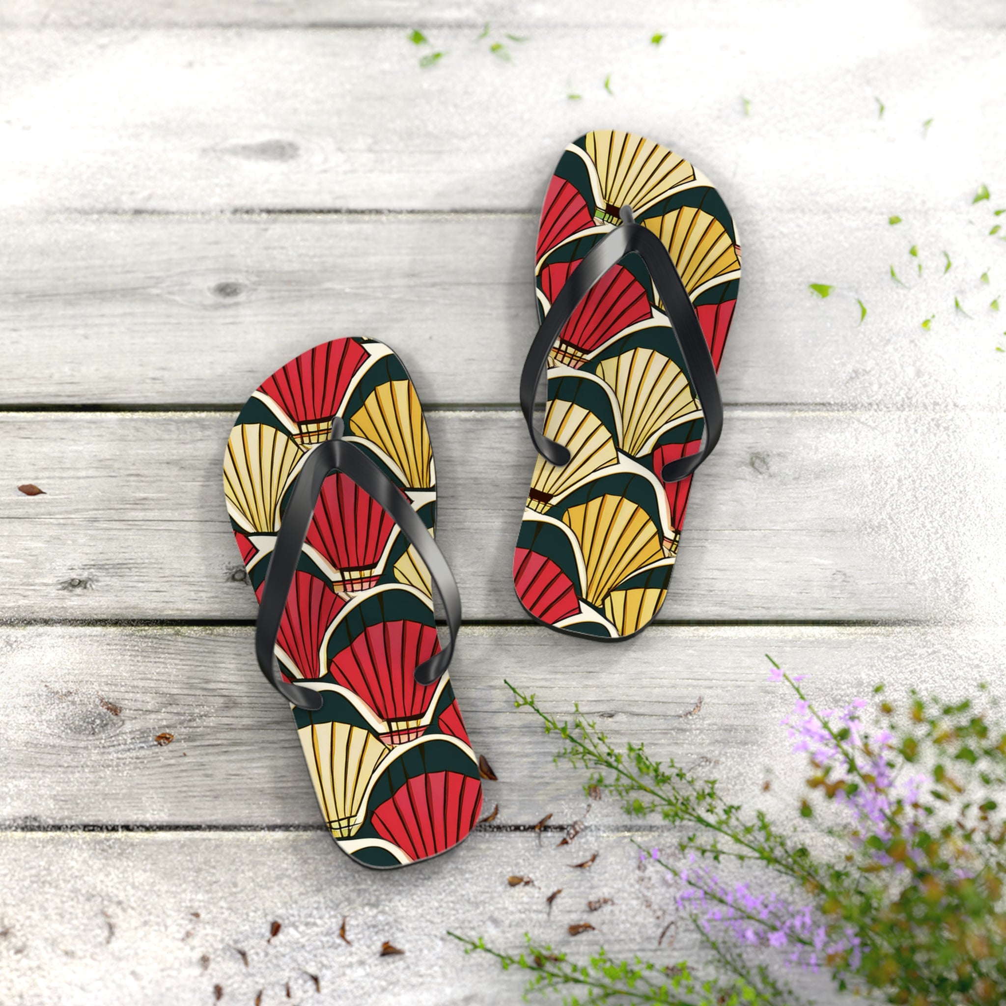Art Deco Shell Pattern Flip Flops — Retro Red & Gold Beach Sandals