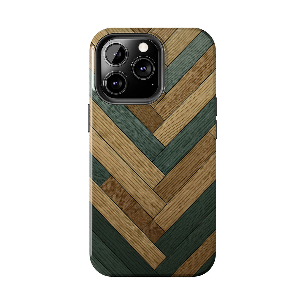 Wood Herringbone Tough Phone Case — Protective Matte Phone Cover with Natural Wood Pattern