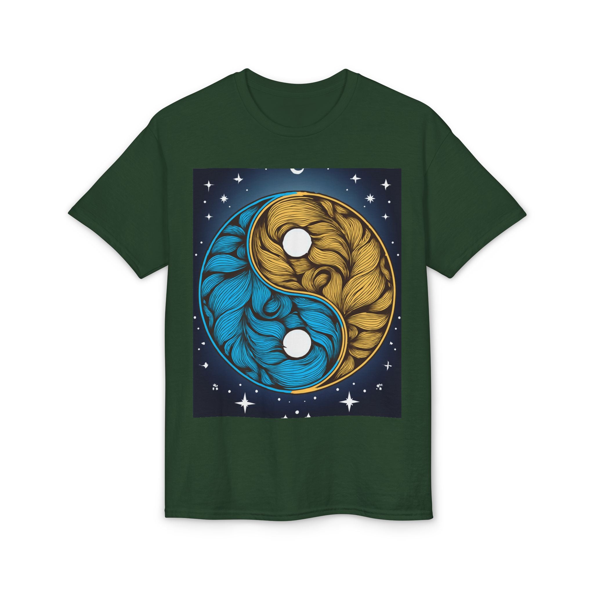 Yin Yang Moon Feathers T-Shirt — Blue & Gold Celestial Balance Tee