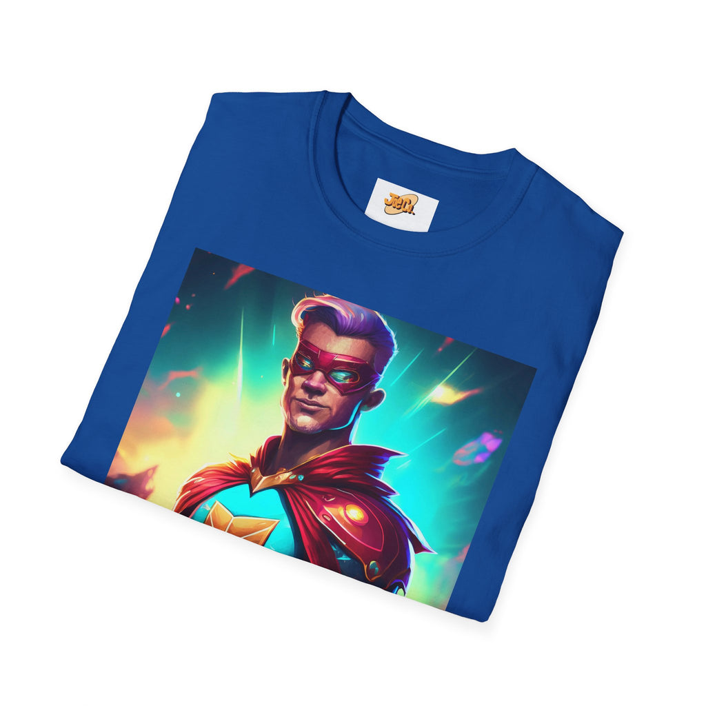 Superhero Graphic T-Shirt — Retro Neon Captain Chest Emblem