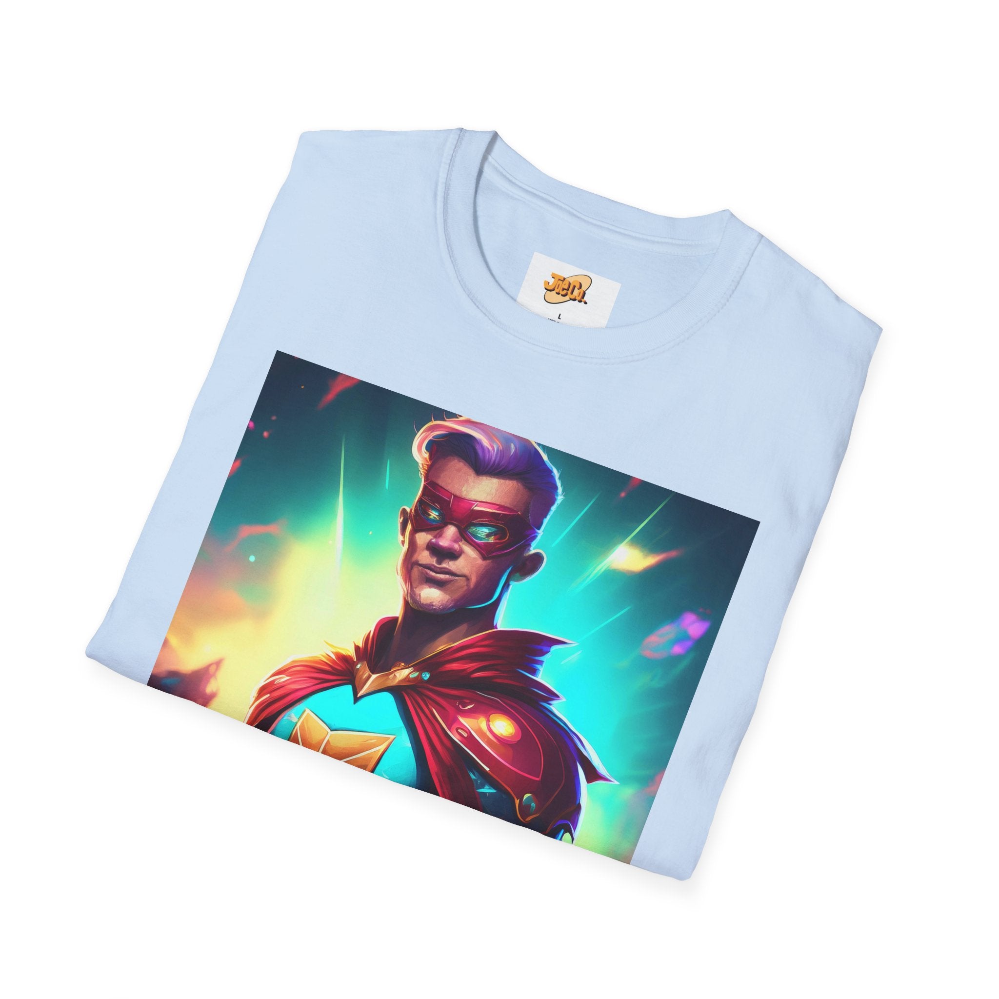 Superhero Graphic T-Shirt — Retro Neon Captain Chest Emblem