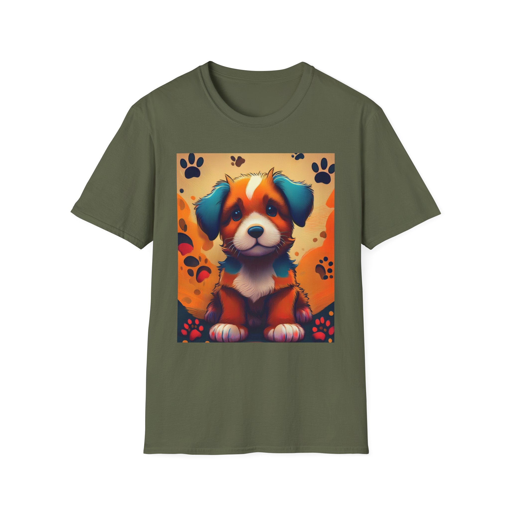 Cute Puppy Portrait T-Shirt — Colorful Paw Print Dog Graphic Tee
