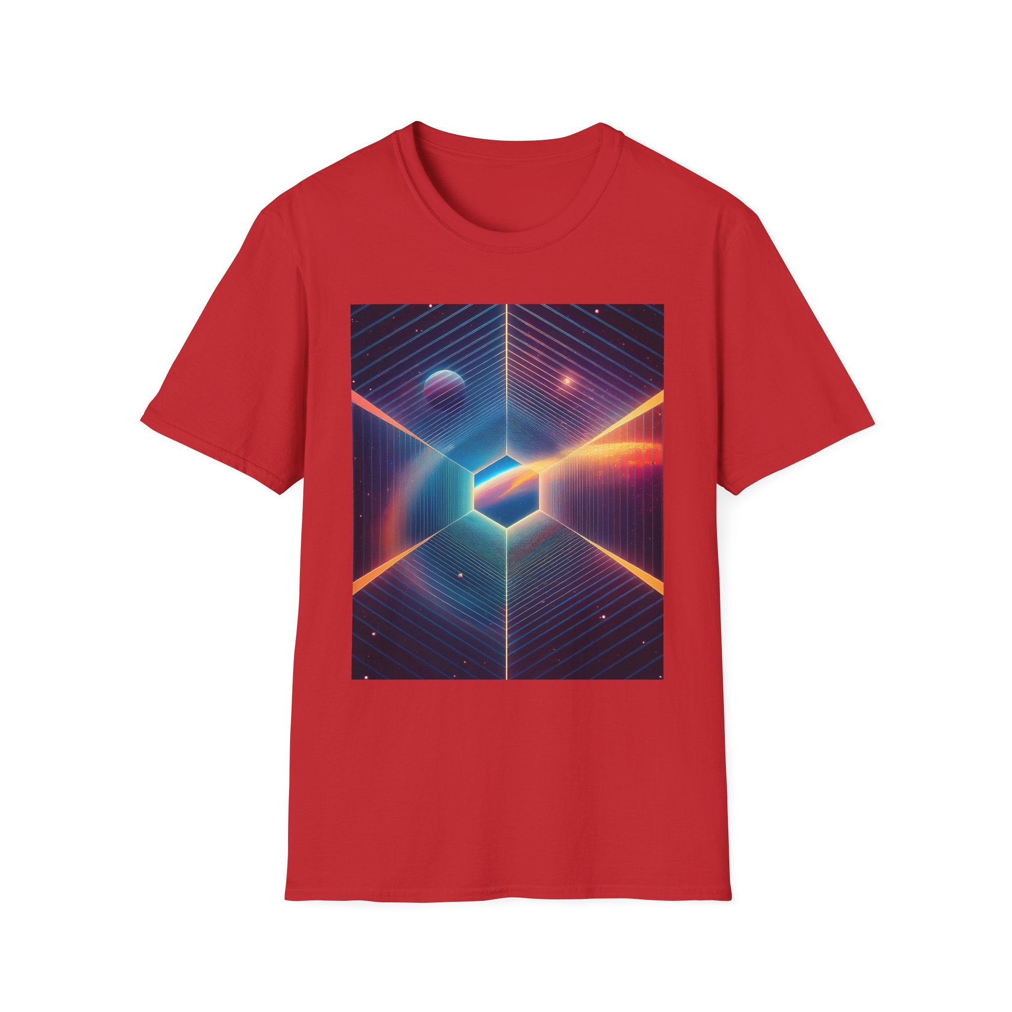 Retro Futuristic Space Tee — Neon Geometric Galaxy T-Shirt