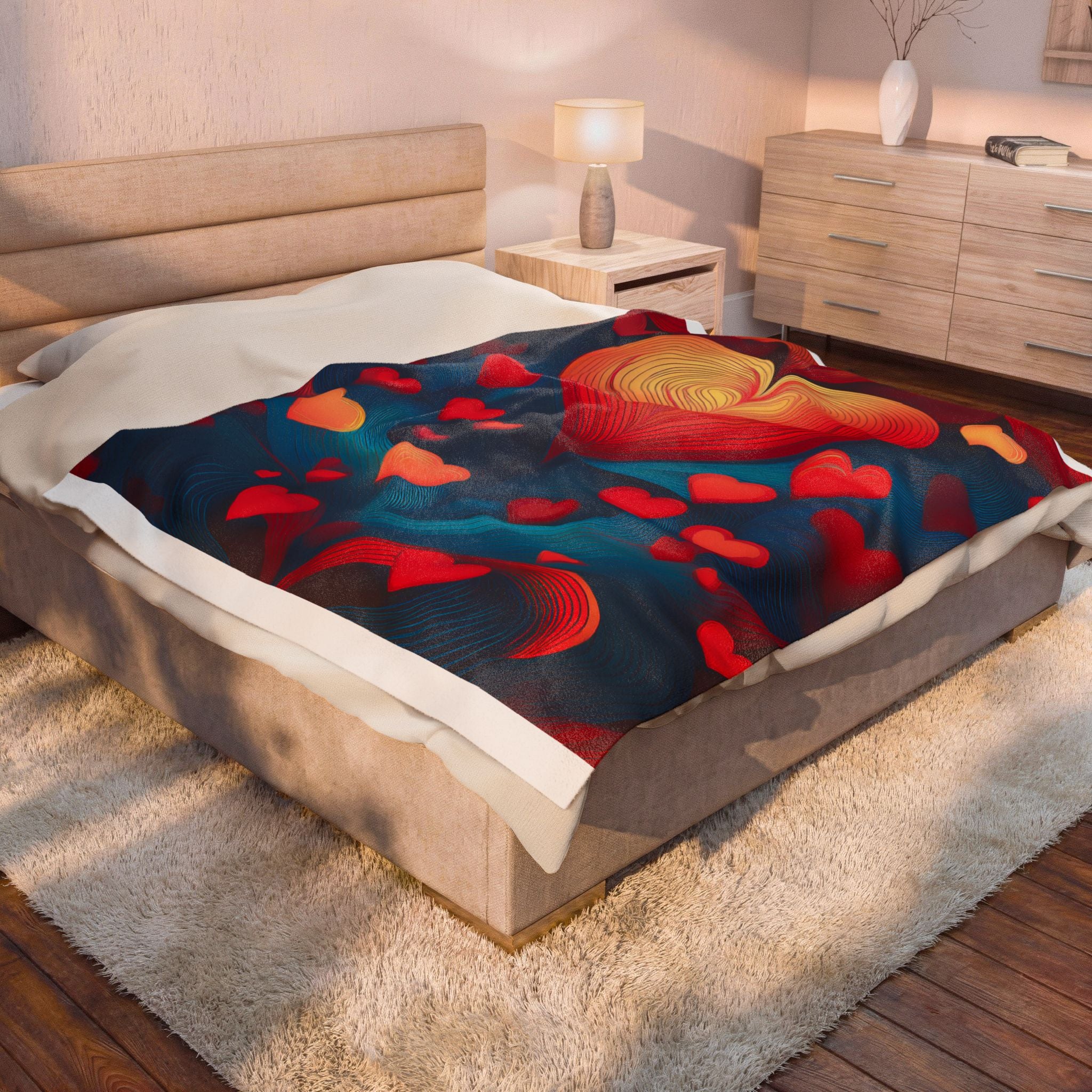 Heart Cascade Velveteen Plush Blanket – Cozy Red & Blue Heart Pattern, Perfect Valentine’s Gift