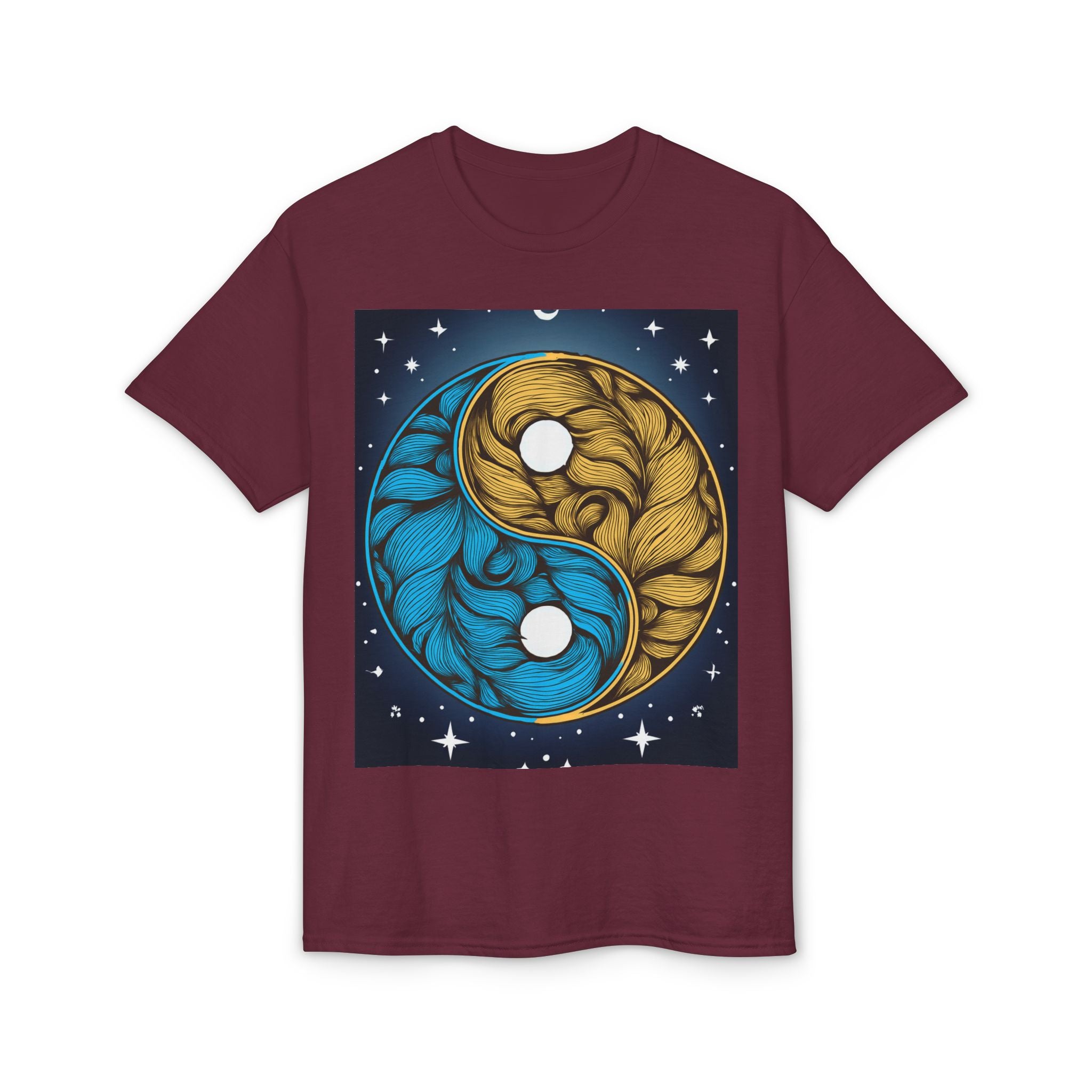 Yin Yang Moon Feathers T-Shirt — Blue & Gold Celestial Balance Tee