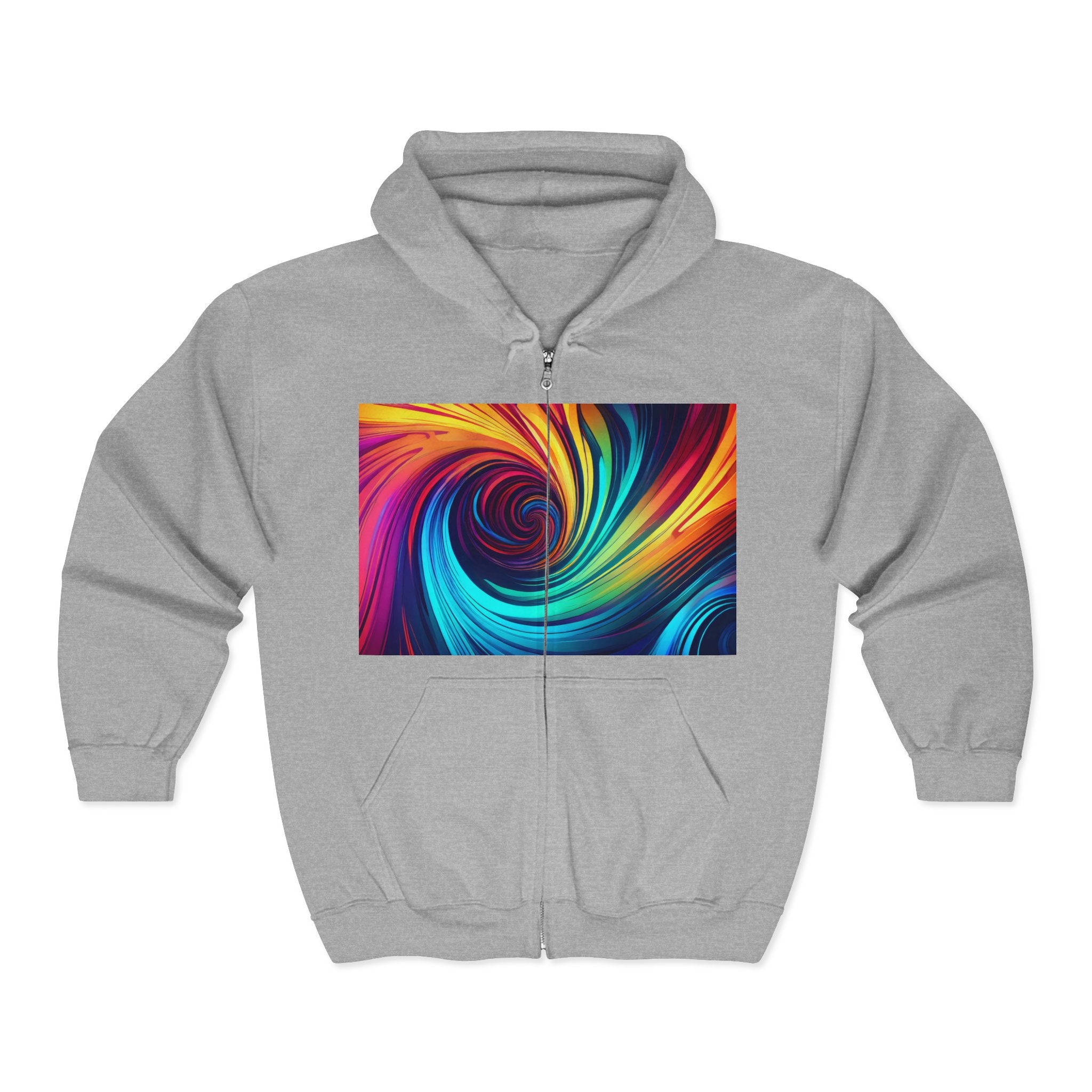 Swirl Prism Zip Hoodie — Vibrant Abstract Spiral Full-Zip Sweatshirt