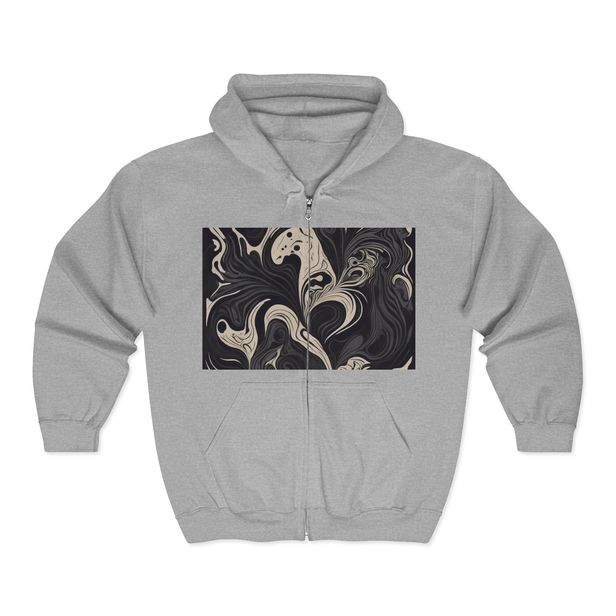Abstract Marble Zip Hoodie — Black Swirl Art Full-Zip Sweatshirt