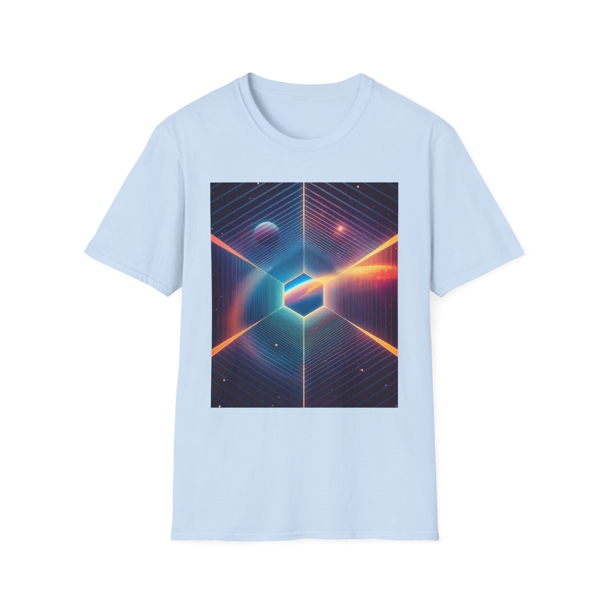Retro Futuristic Space Tee — Neon Geometric Galaxy T-Shirt