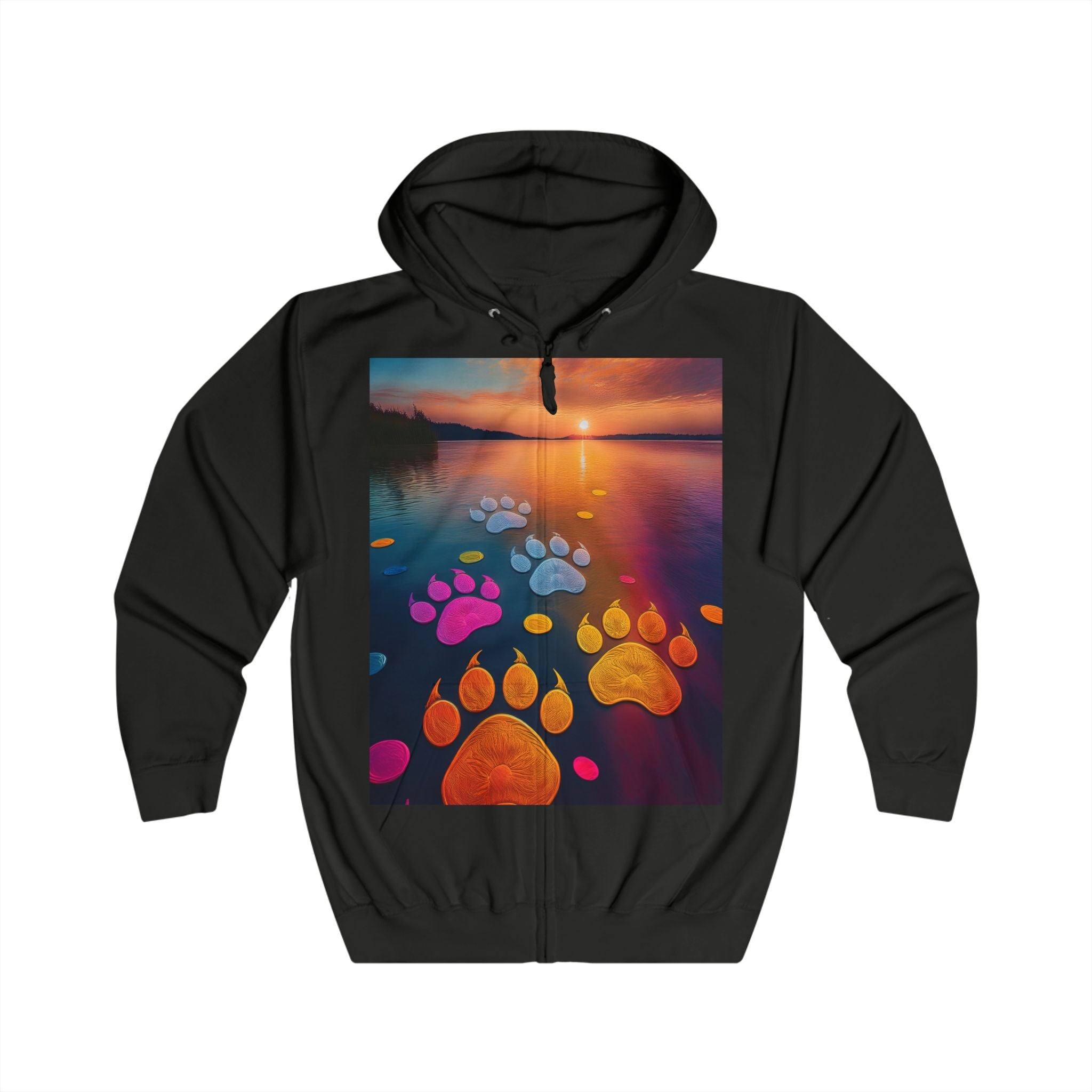 Pawprint Sunset Zip Hoodie — Colorful Paw Trail Graphic