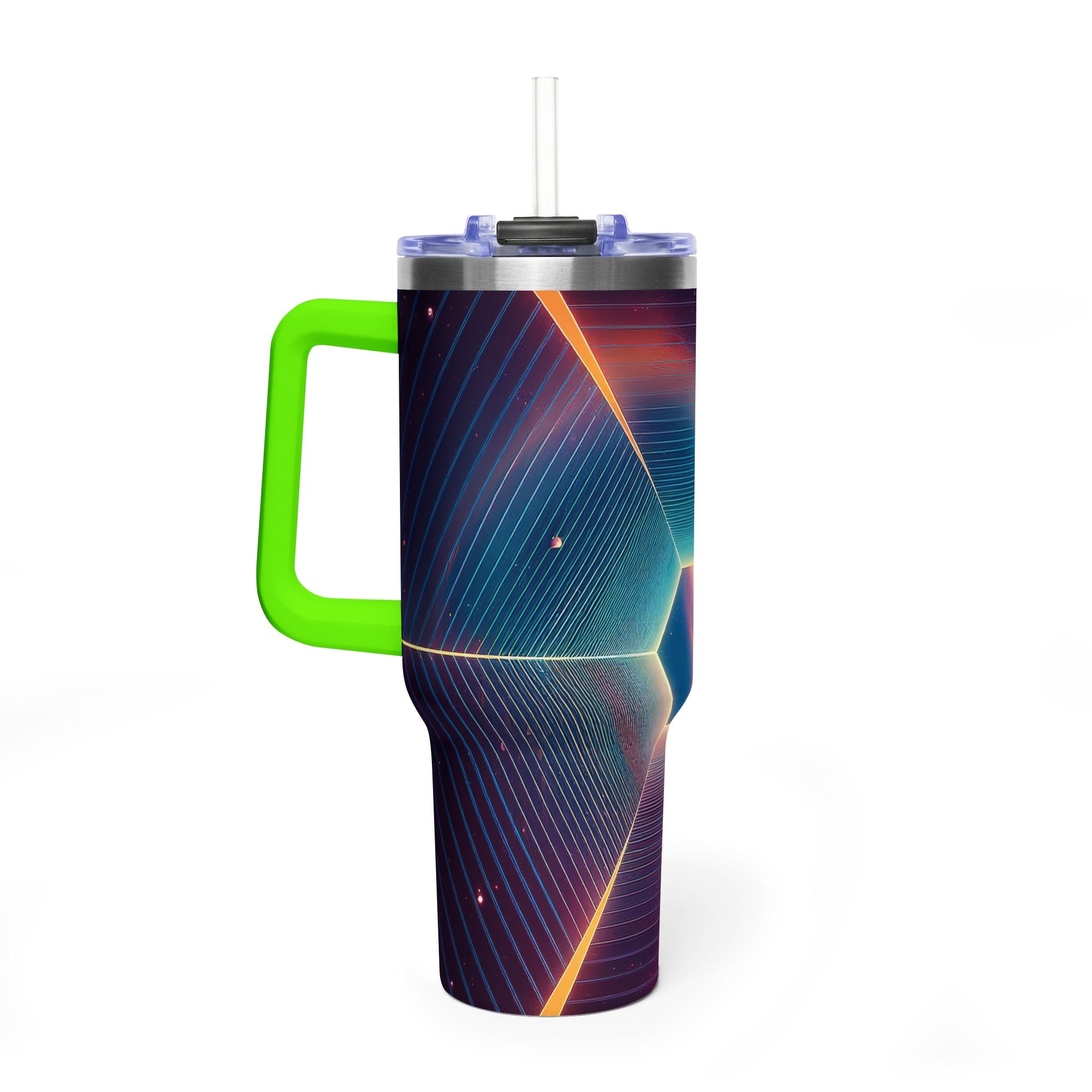 40oz Vacuum Tumbler — Neon Geometric Cosmic Design