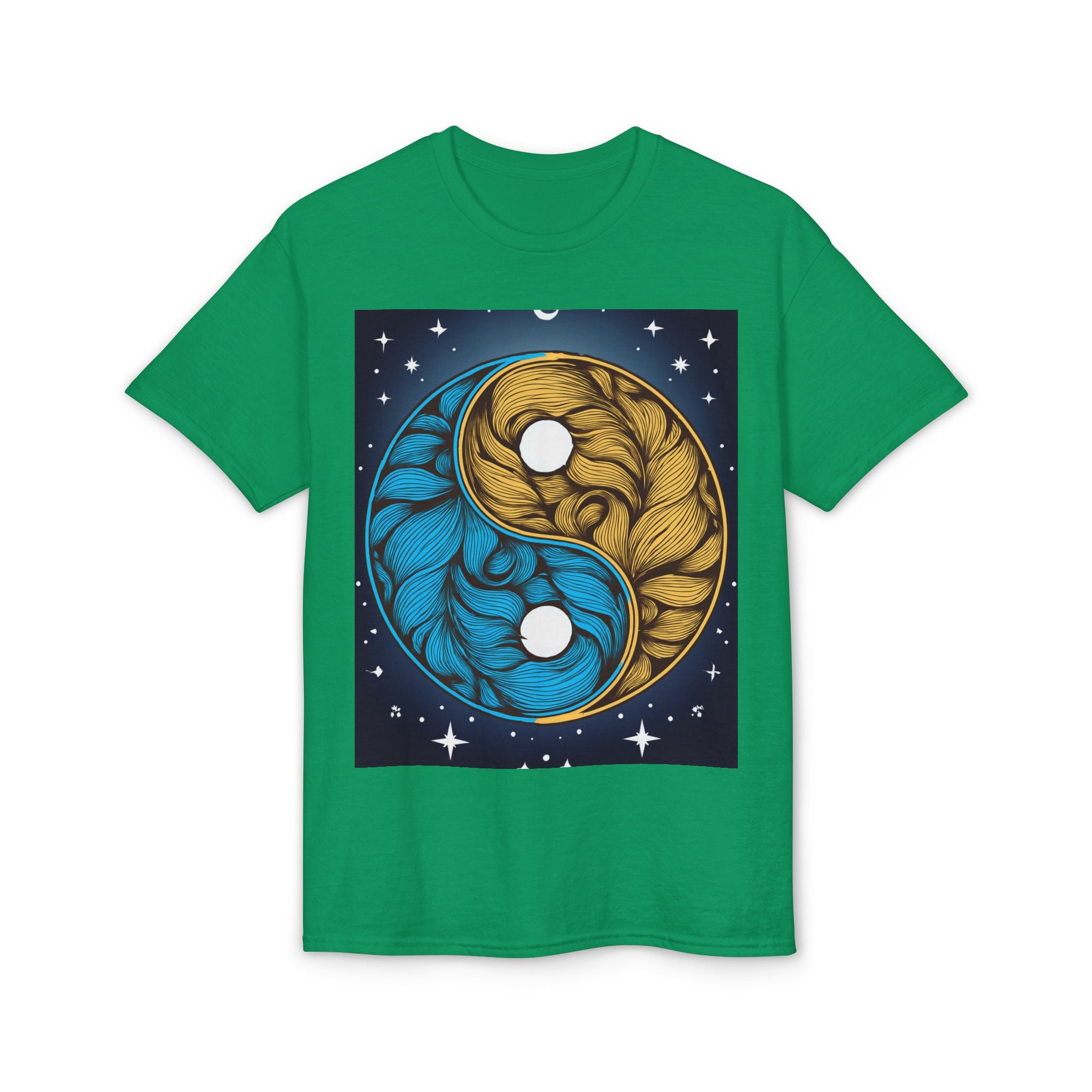 Yin Yang Moon Feathers T-Shirt — Blue & Gold Celestial Balance Tee