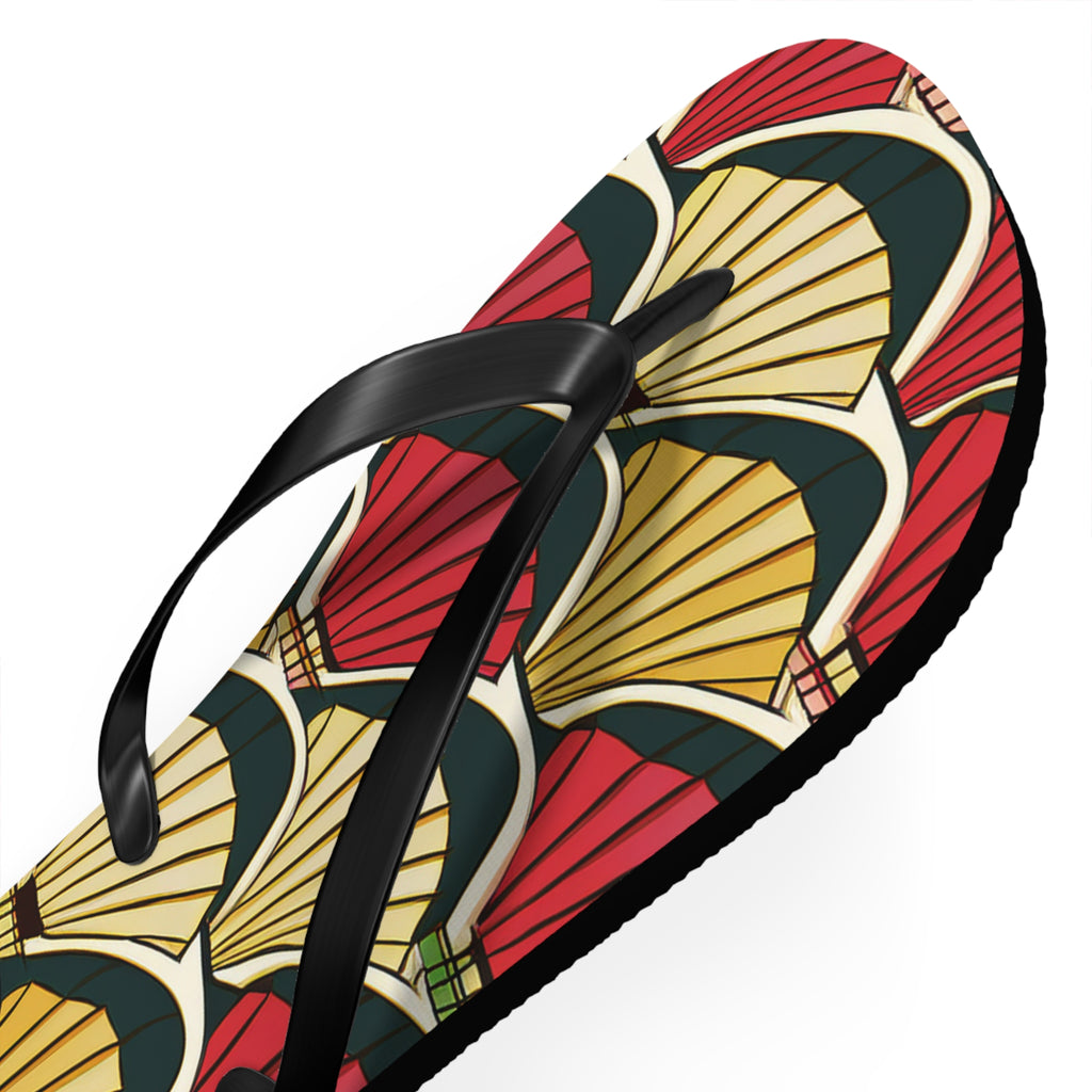 Art Deco Shell Pattern Flip Flops — Retro Red & Gold Beach Sandals