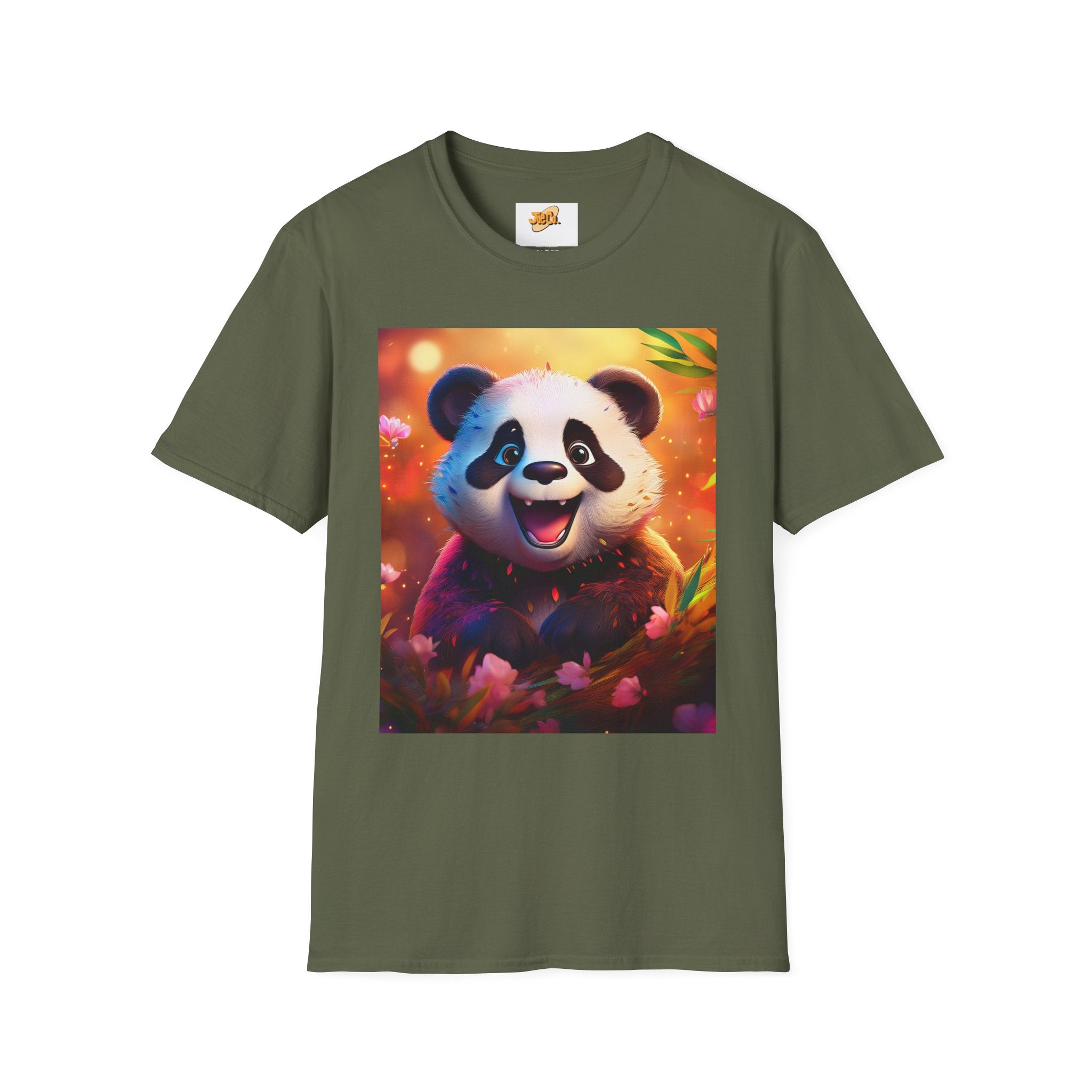 Cute Smiling Panda Graphic T-Shirt — Playful Floral Panda Tee